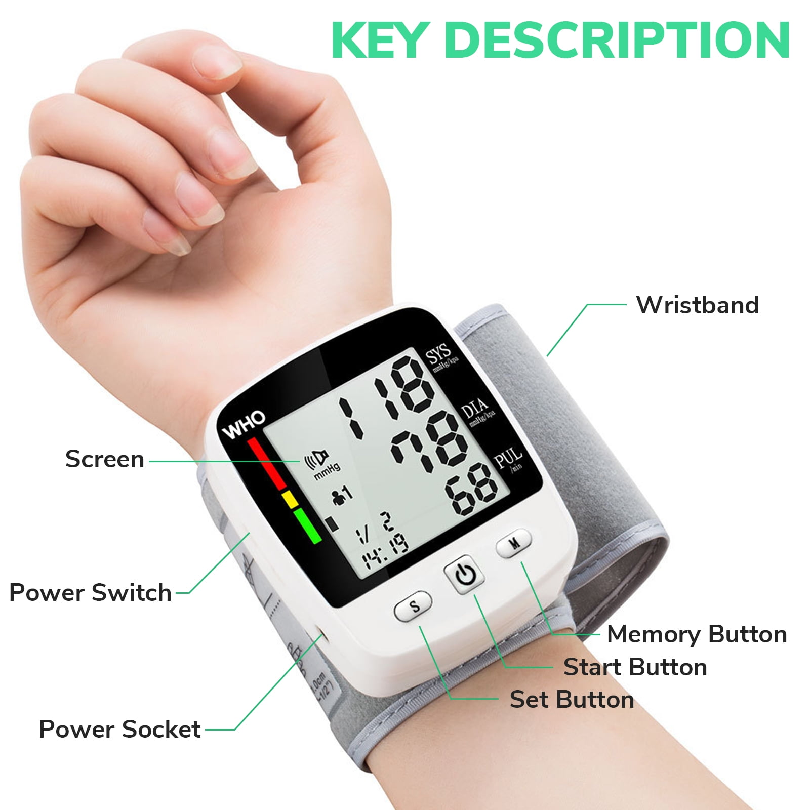 Eine Person trägt ein Armband mit Blutdruckmessgerät, mit beschrifteten Knöpfen.
