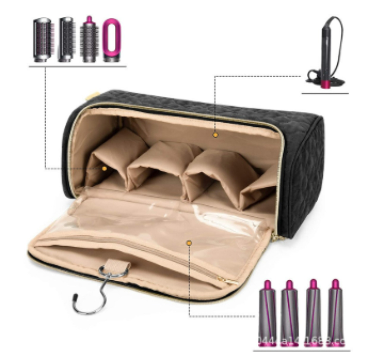 Schwarze, gesteppte Reisetasche mit Fächern und verschiedenen Haarstyling-Werkzeugen, innen organisiert.