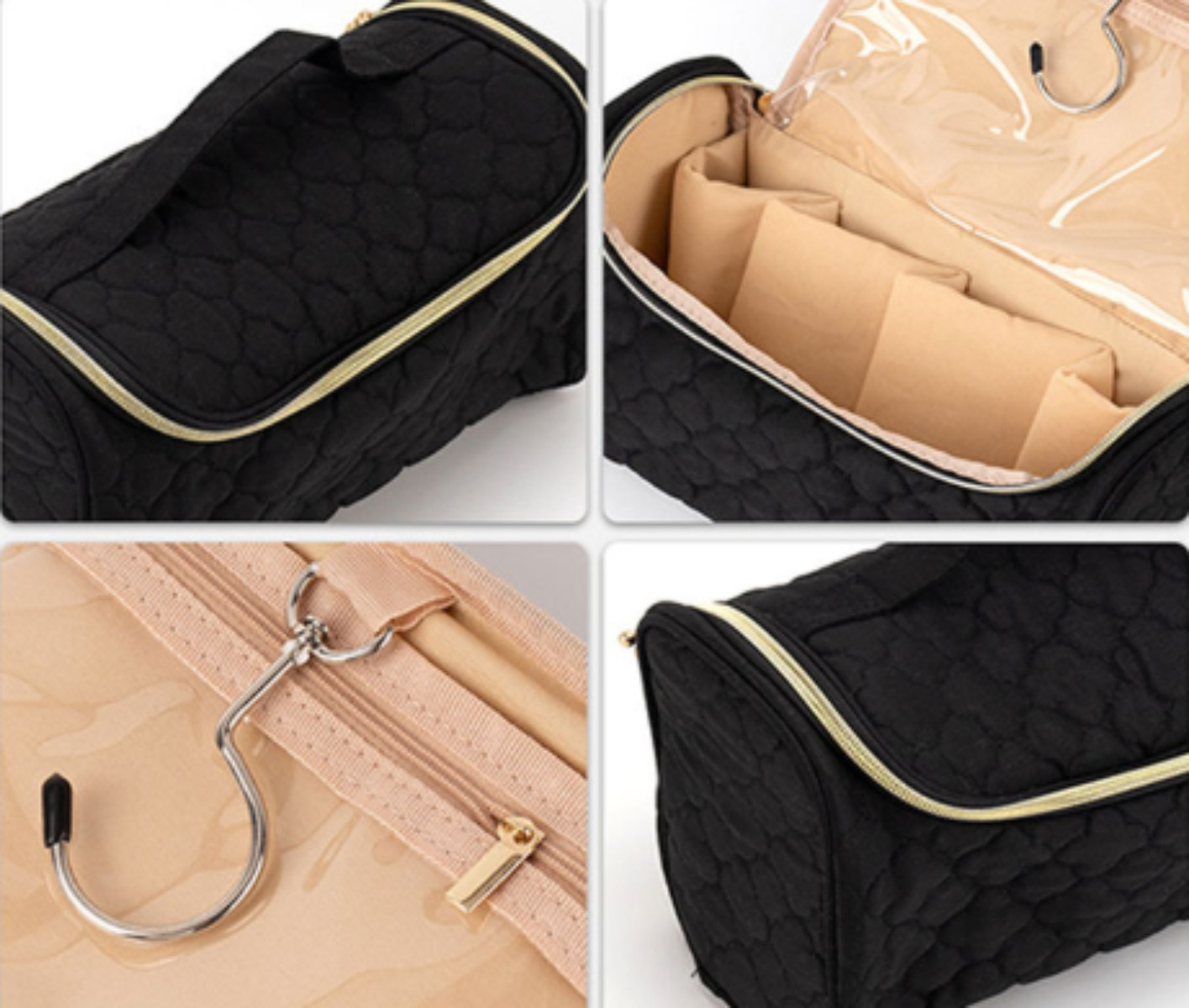 Schwarz gesteppte Kosmetiktasche mit goldenen Reißverschlussdetails. Mehrere Fächer mit Klarsichttaschen innen.