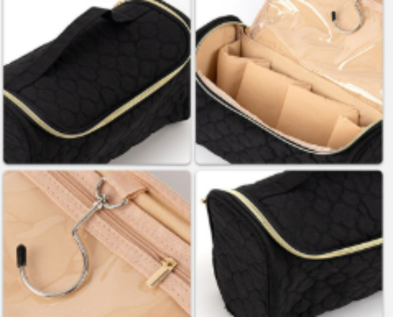 Nahaufnahmen einer schwarzen, gesteppten Kosmetiktasche mit goldenem Reißverschluss und Innenfächern.