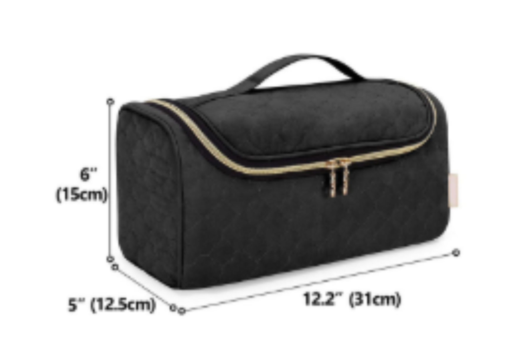 Schwarze, gesteppte Make-up-Tasche mit goldenem Reißverschluss und Griff. Abmessungen angegeben.