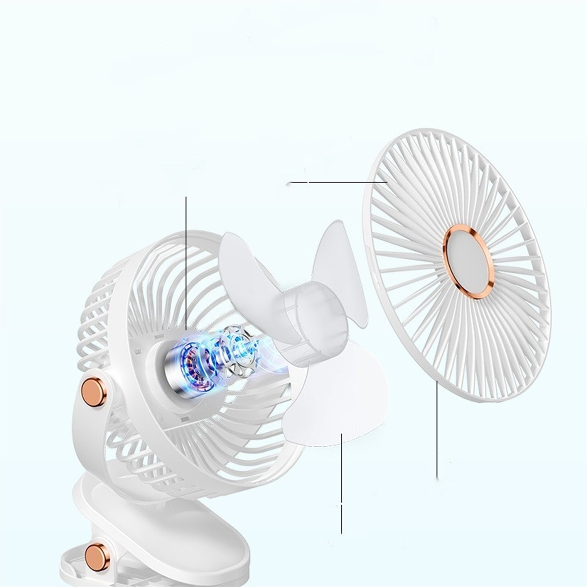 Explosionszeichnung eines weißen tragbaren Ventilators mit seinen internen Komponenten und Design.