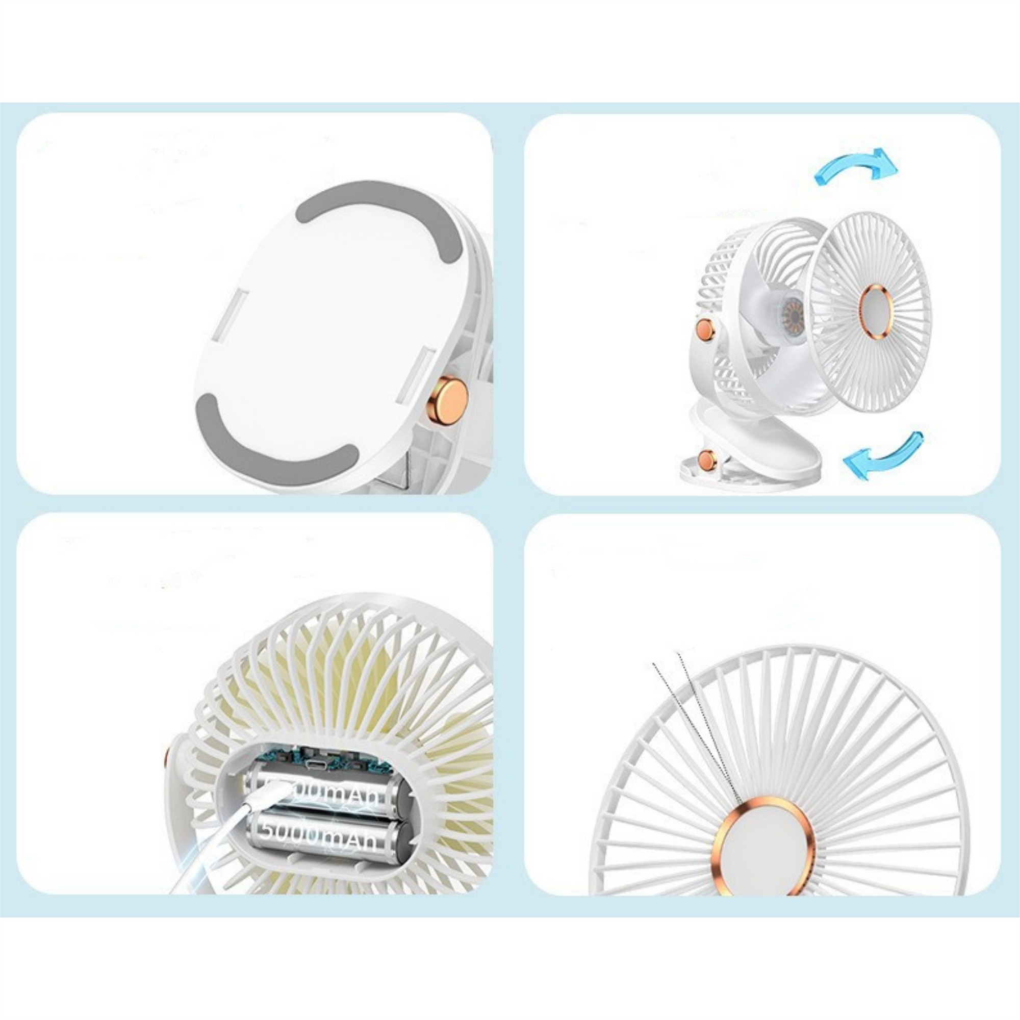 Vier Bilder eines weißen tragbaren Ventilators, die seine Teile und wie er sich öffnet, zeigen.