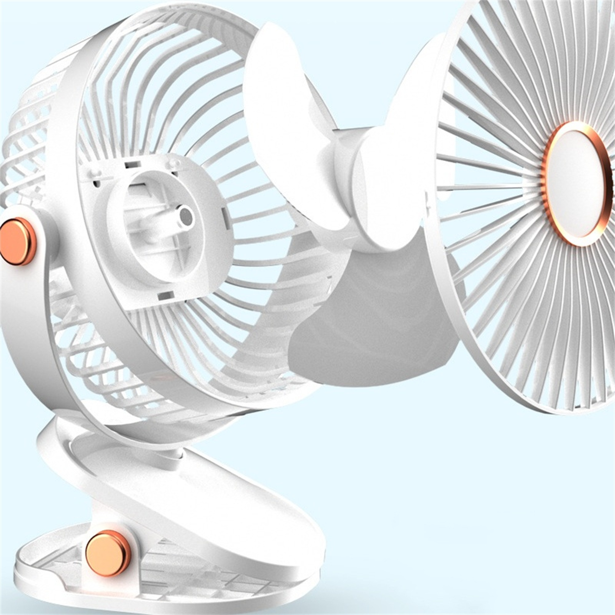 Ein weißer Mini-Ventilator mit weißen Flügeln und roségoldenen Akzenten.