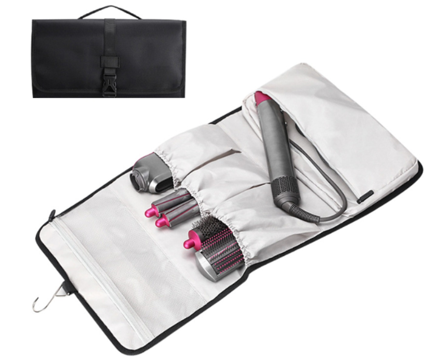 Schwarze Reisetasche geöffnet, die Haarstyling-Werkzeuge zeigt, darunter ein Trockner und Bürsten.