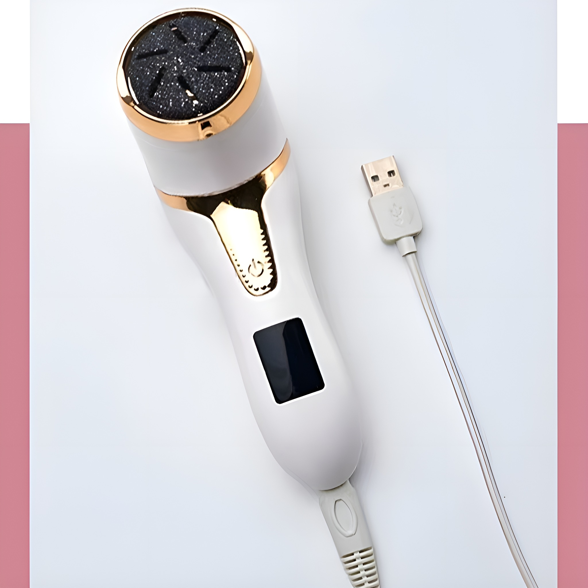 Weiß-goldener Fußschleifer mit USB-Kabel. Objekt auf weißer Oberfläche.