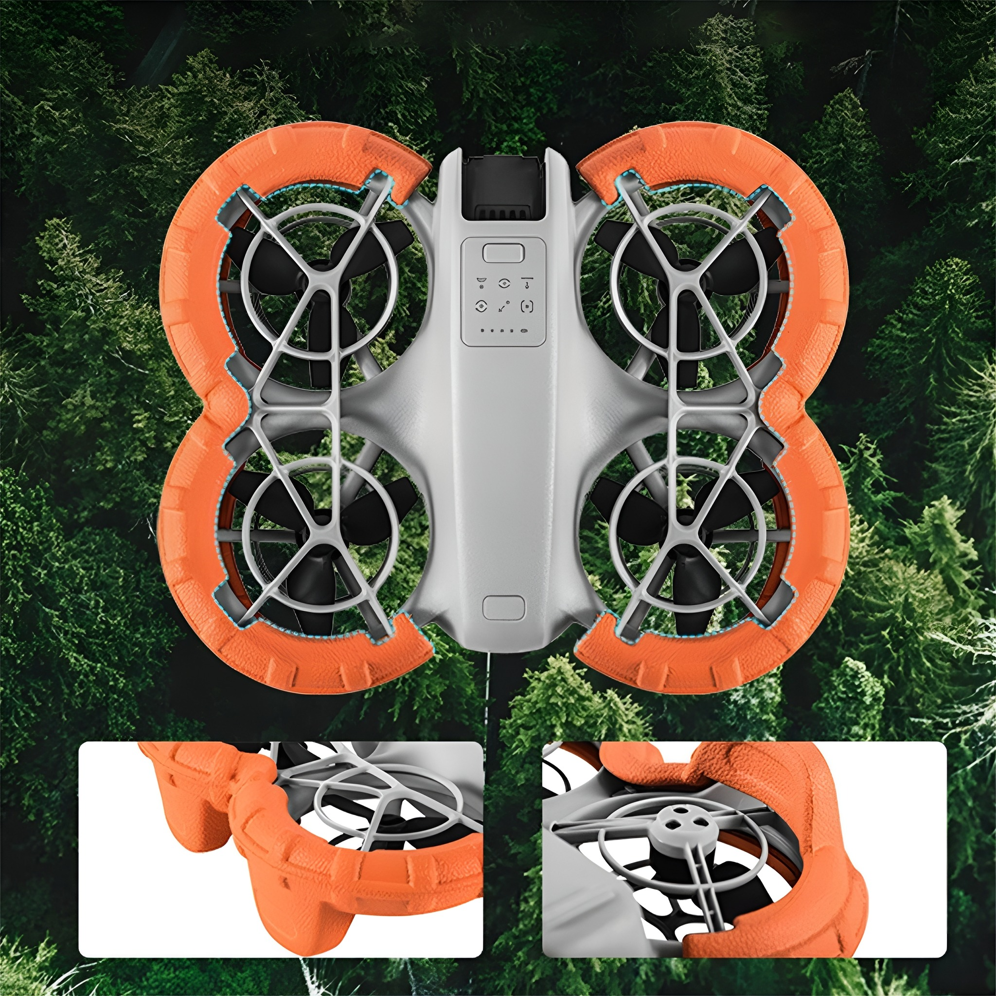 Drohne mit orangefarbenen Schutzringen vor grünem Hintergrund mit Bäumen, mit Detailansichten.