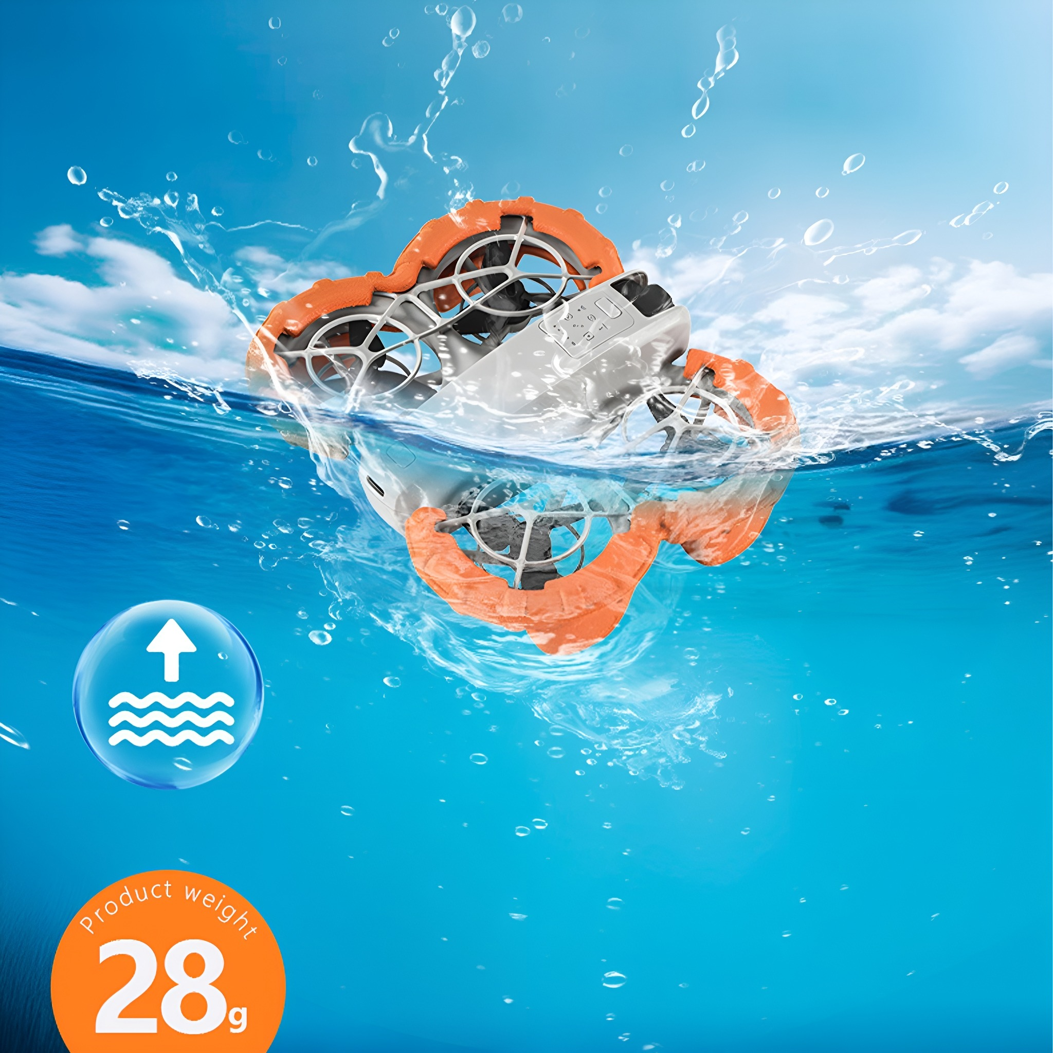 Ein Spielzeugboot schwimmt im Wasser mit orangefarbenen Propellern und einer Grafik des Wasserflusses.