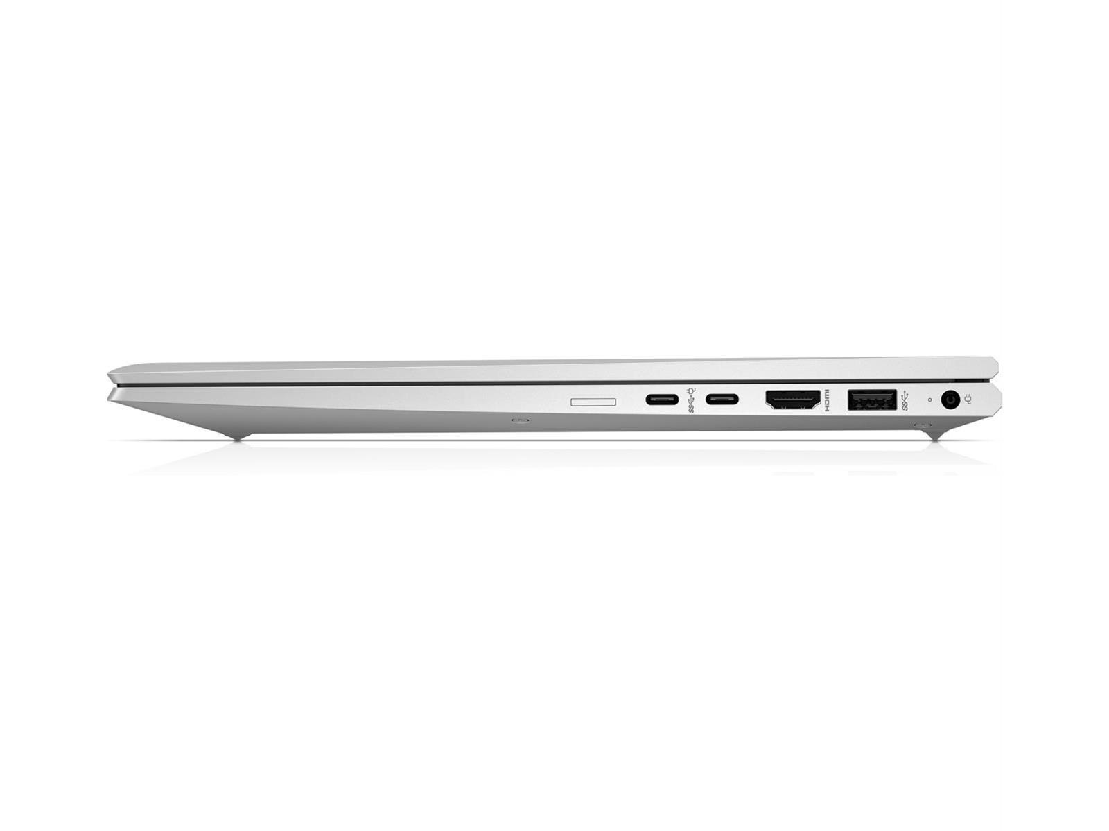 Ein silbernes Laptop-Profil zeigt die Seite mit Anschlüssen, vor weißem Hintergrund.