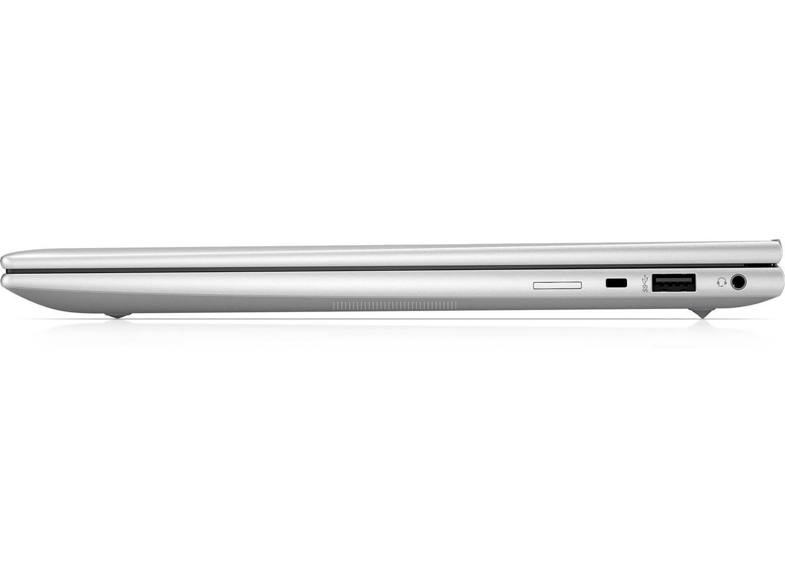 Seitenansicht eines silbernen Laptops. Anschlüsse sind auf der linken Seite sichtbar.