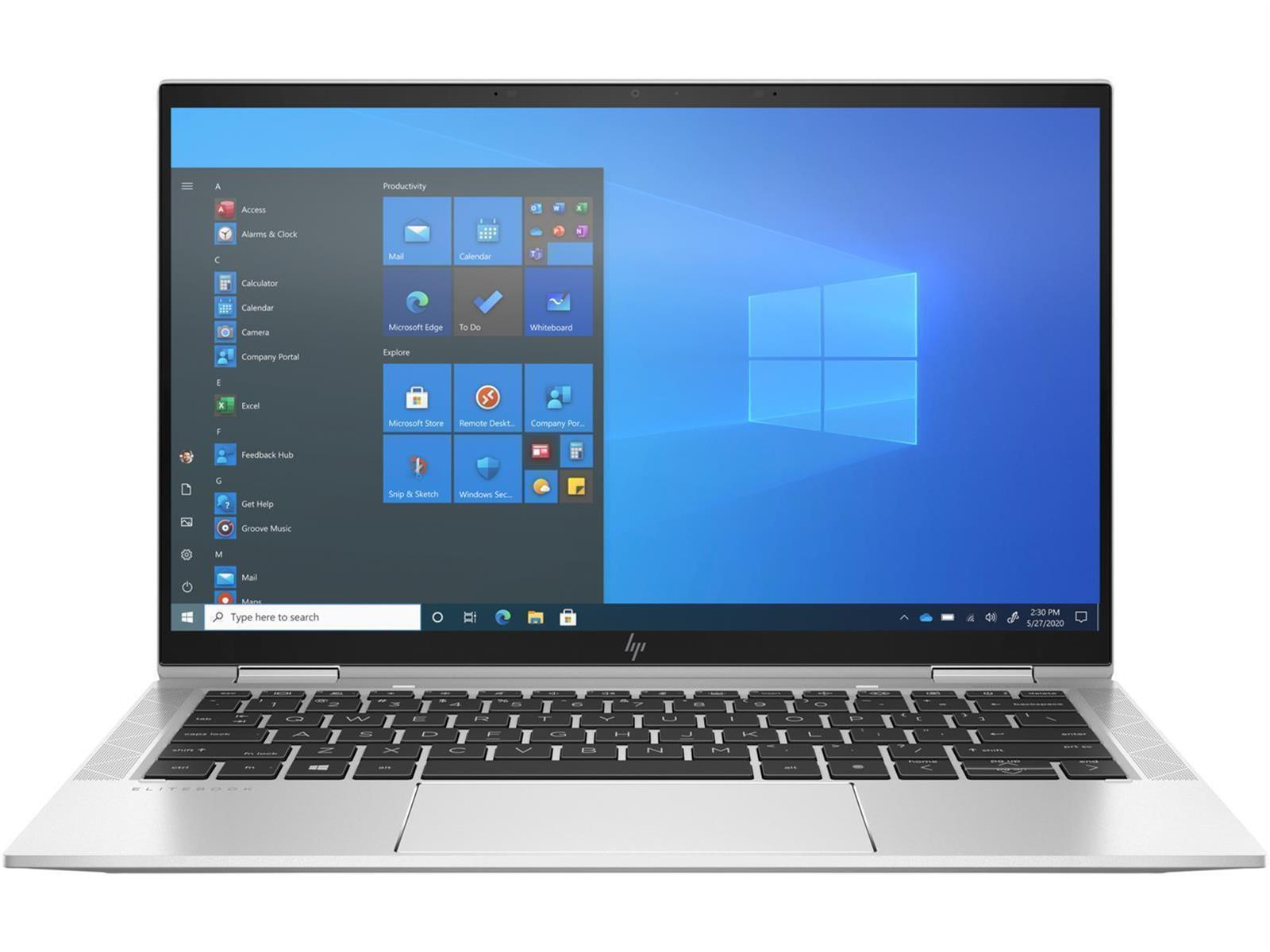 Ein silberner Laptop mit geöffnetem Bildschirm, der den Windows-Startbildschirm anzeigt.