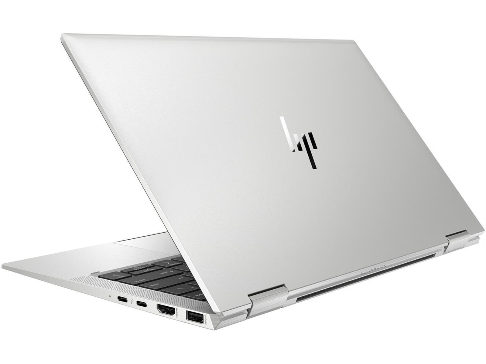 Silberner Laptop, leicht geöffnet, schräge Ansicht, weißer Hintergrund, HP-Logo.