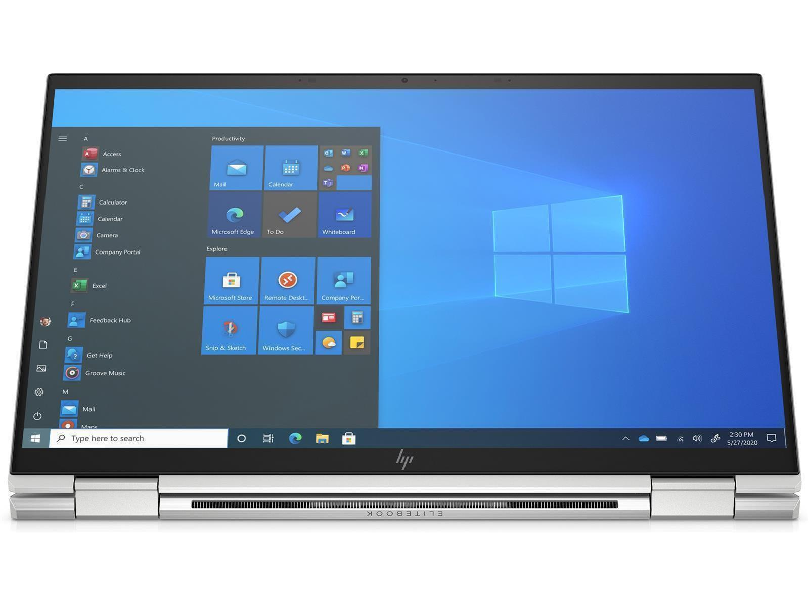 Laptop-Bildschirm geöffnet, zeigt die Windows-Oberfläche. Der Laptop befindet sich auf einer weißen Oberfläche.