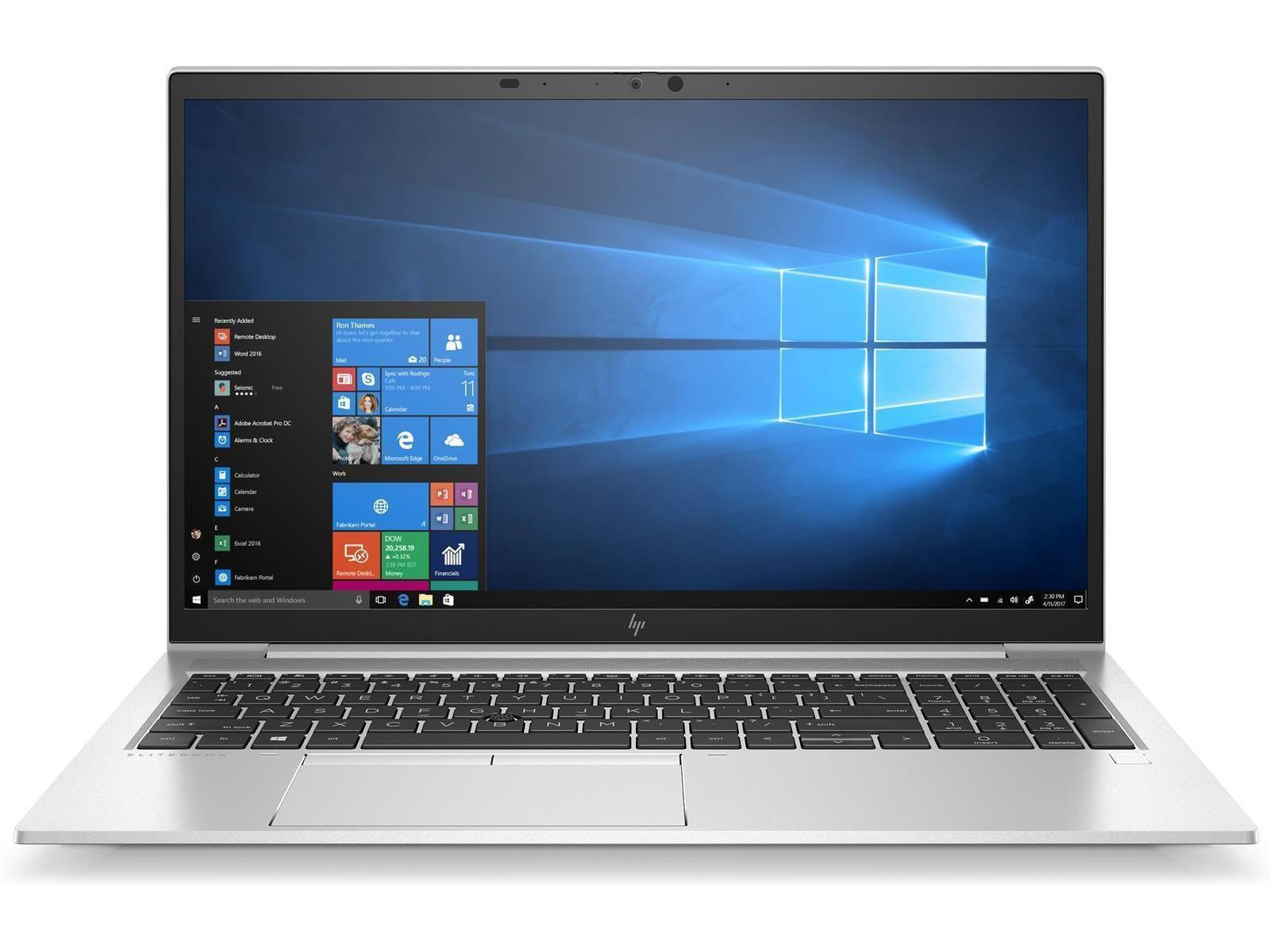 Silberner Laptop auf Weiß. Bildschirm zeigt Windows. HP-Logo sichtbar.