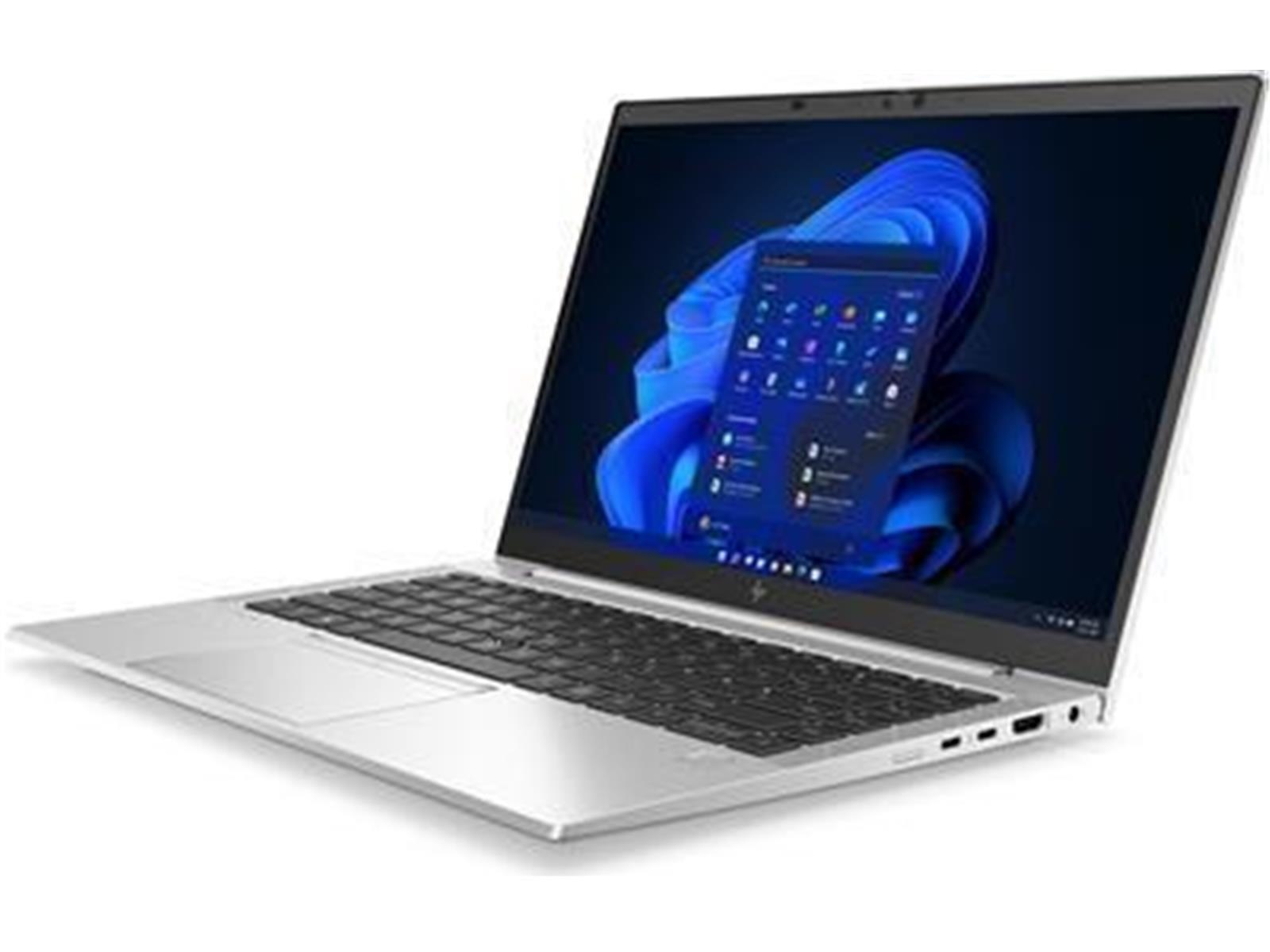 Laptop mit schwarzer Tastatur, Windows-Desktop auf dem Bildschirm. Anzeige zeigt Windows 11 mit blauem Hintergrund.