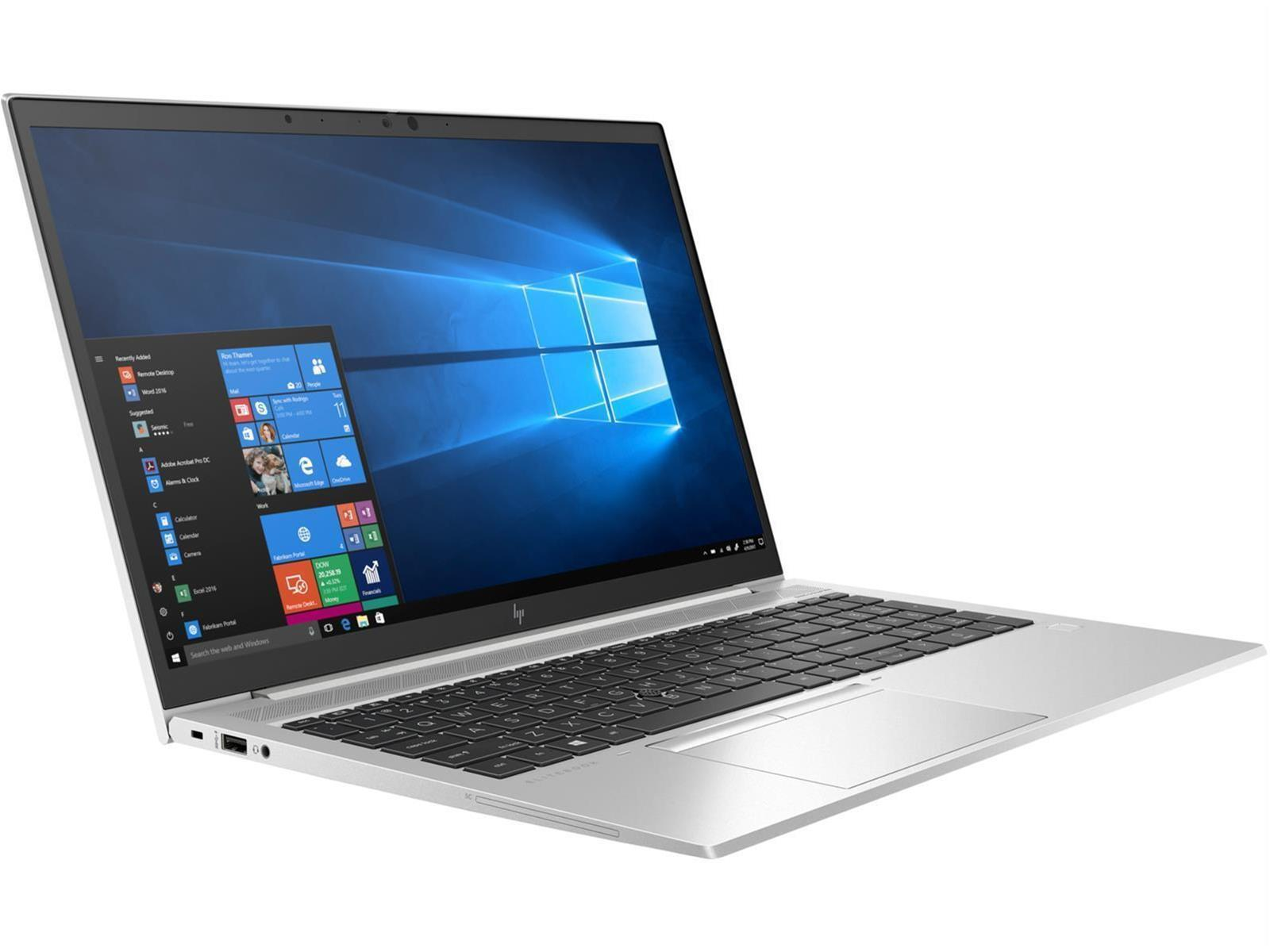 Silberner Laptop auf weißem Hintergrund, geöffnet, mit Windows-Desktop. Tastatur und Touchpad sichtbar.