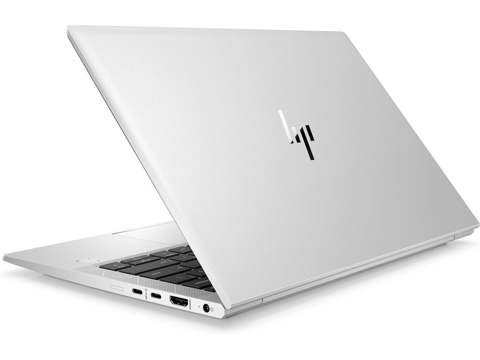 Ein silbernes Laptop, geschlossen, mit HP-Logo auf weißem Hintergrund.