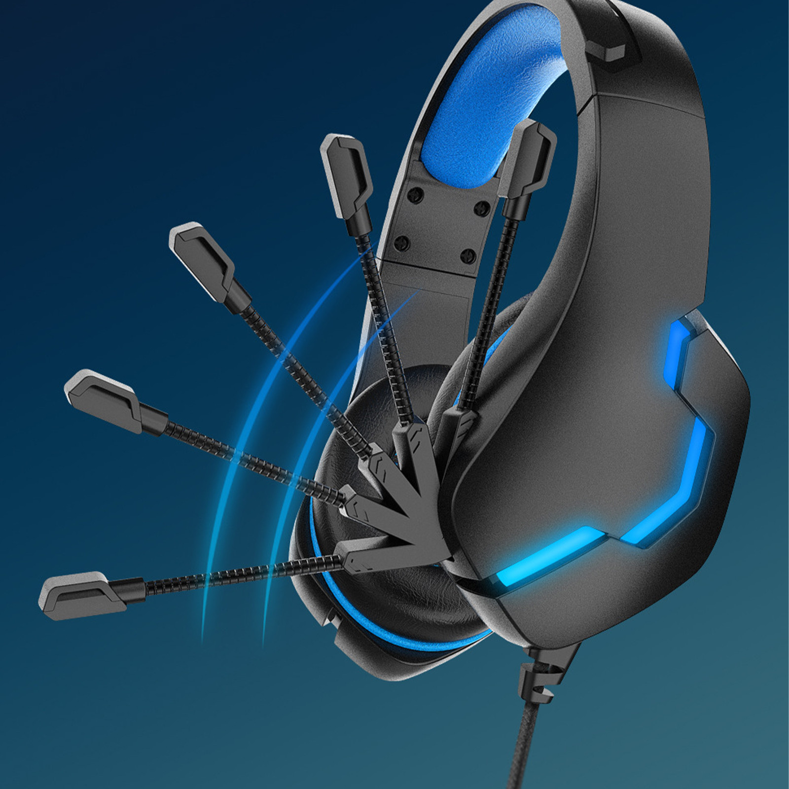 Gaming-Headset mit blauen Akzenten. Mehrere flexible Mikrofone erstrecken sich nach außen. Schwarz-blaues Design.