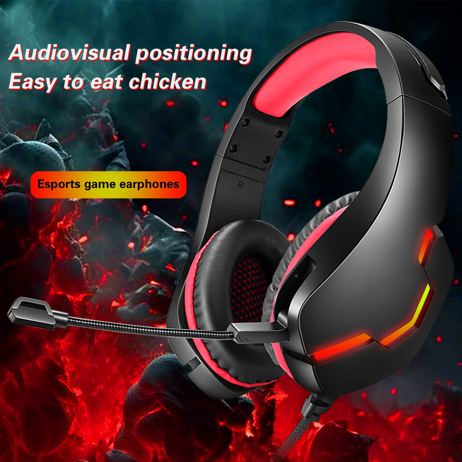 Schwarze und rote Gaming-Kopfhörer mit Mikrofon und leuchtend rotem Hintergrund.