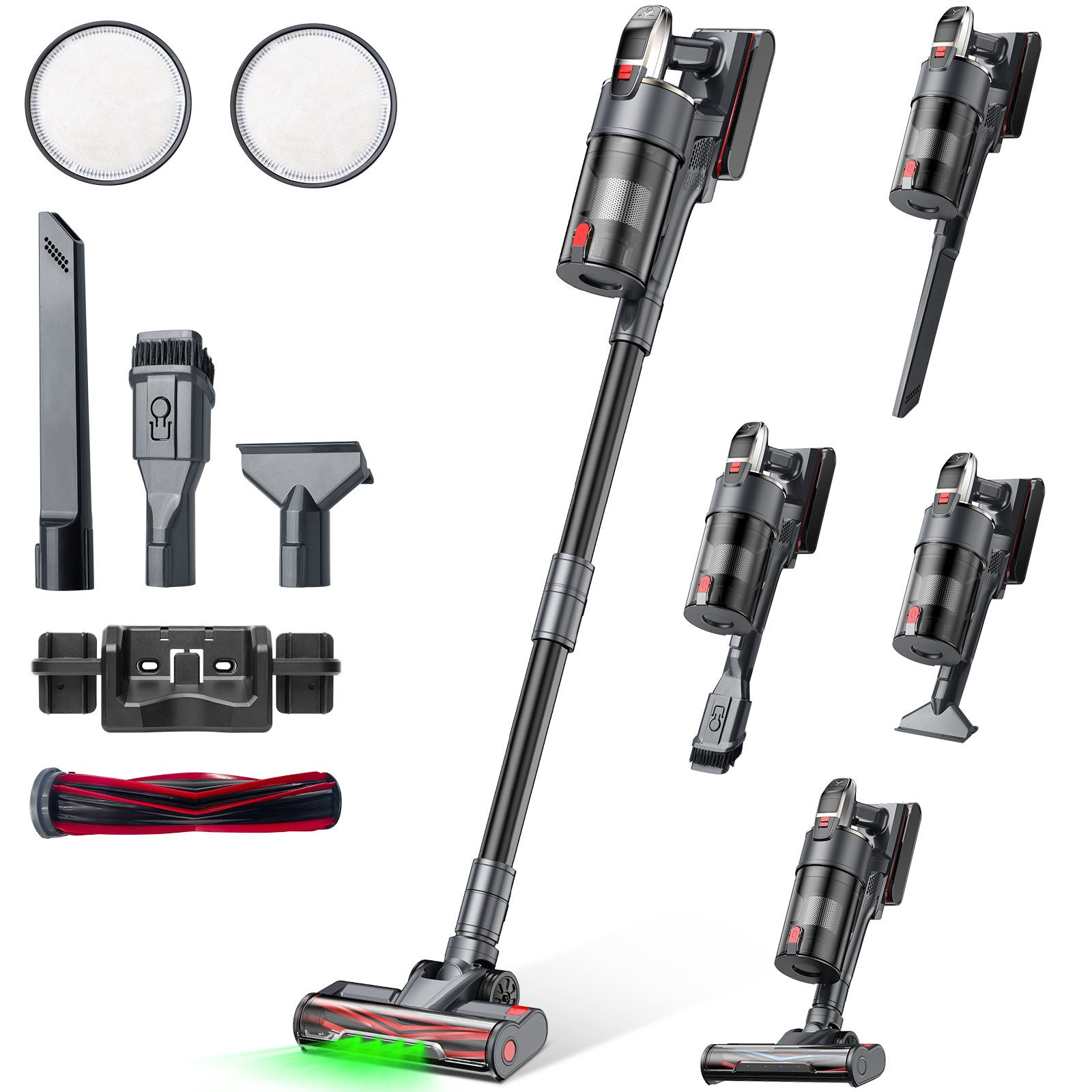 Odkurzacz z różnymi nasadkami. Czarny i szary z czerwonymi akcentami.