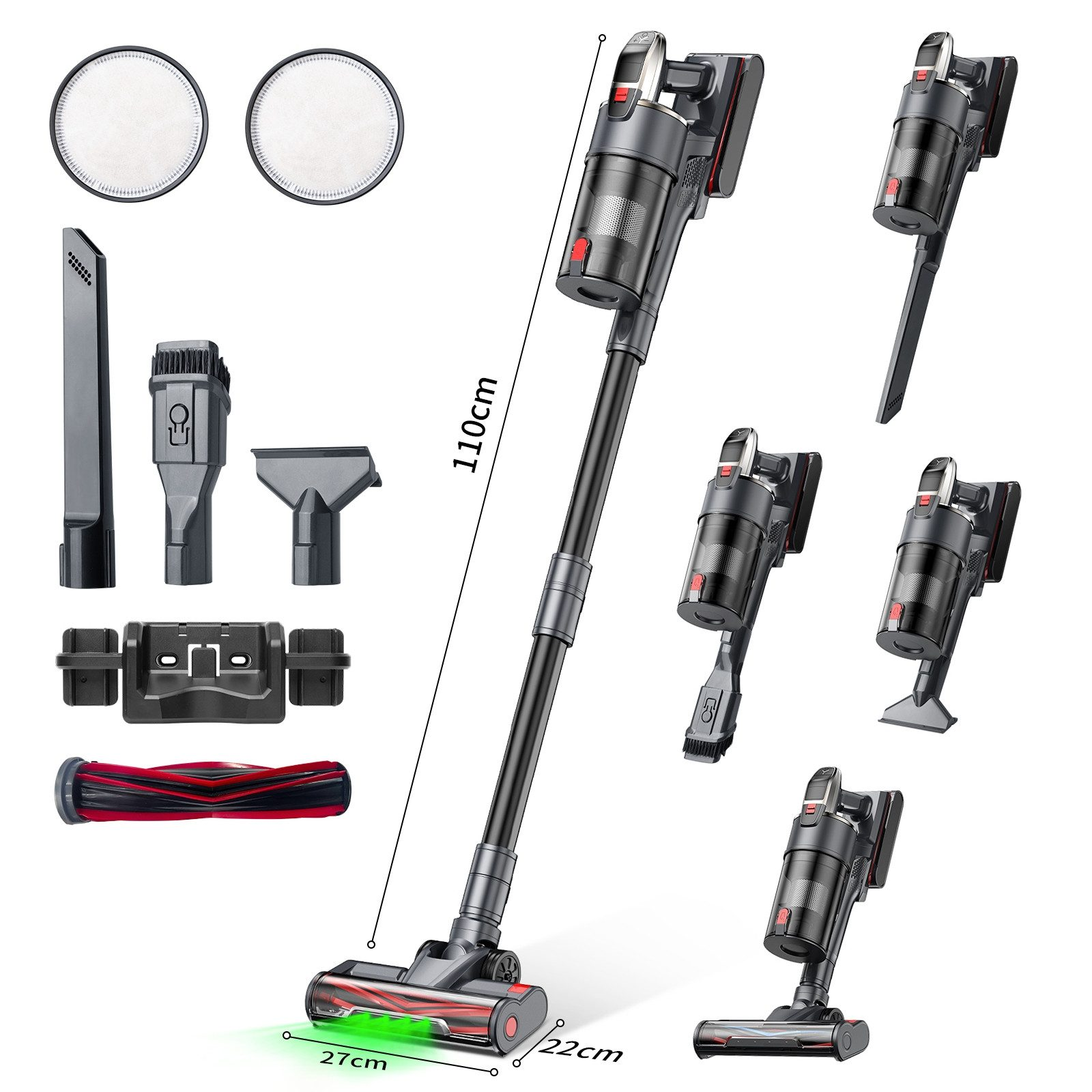 Odkurzacz bezprzewodowy z wieloma nasadkami. Wyświetlane są różne widoki.