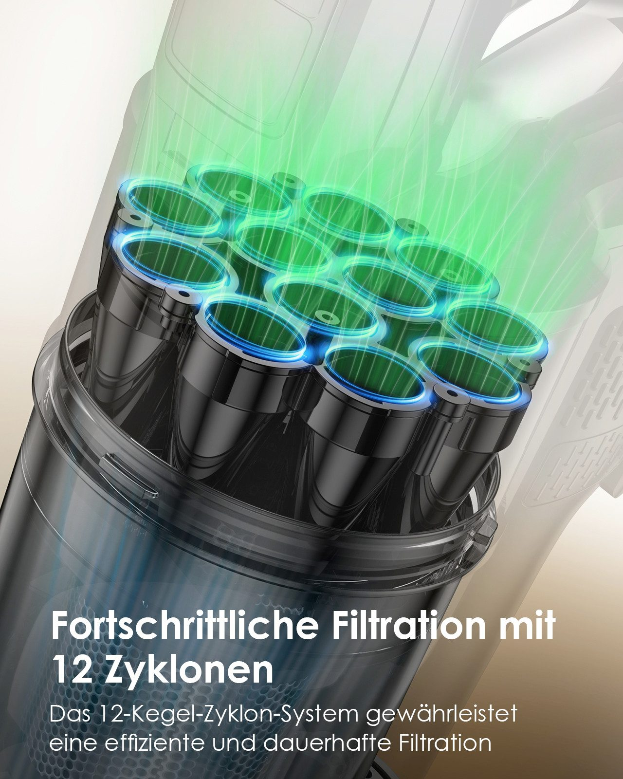 Odkurzacz z filtracją 12-cyklonową. Tekst: zaawansowana filtracja z 12 cyklonami.