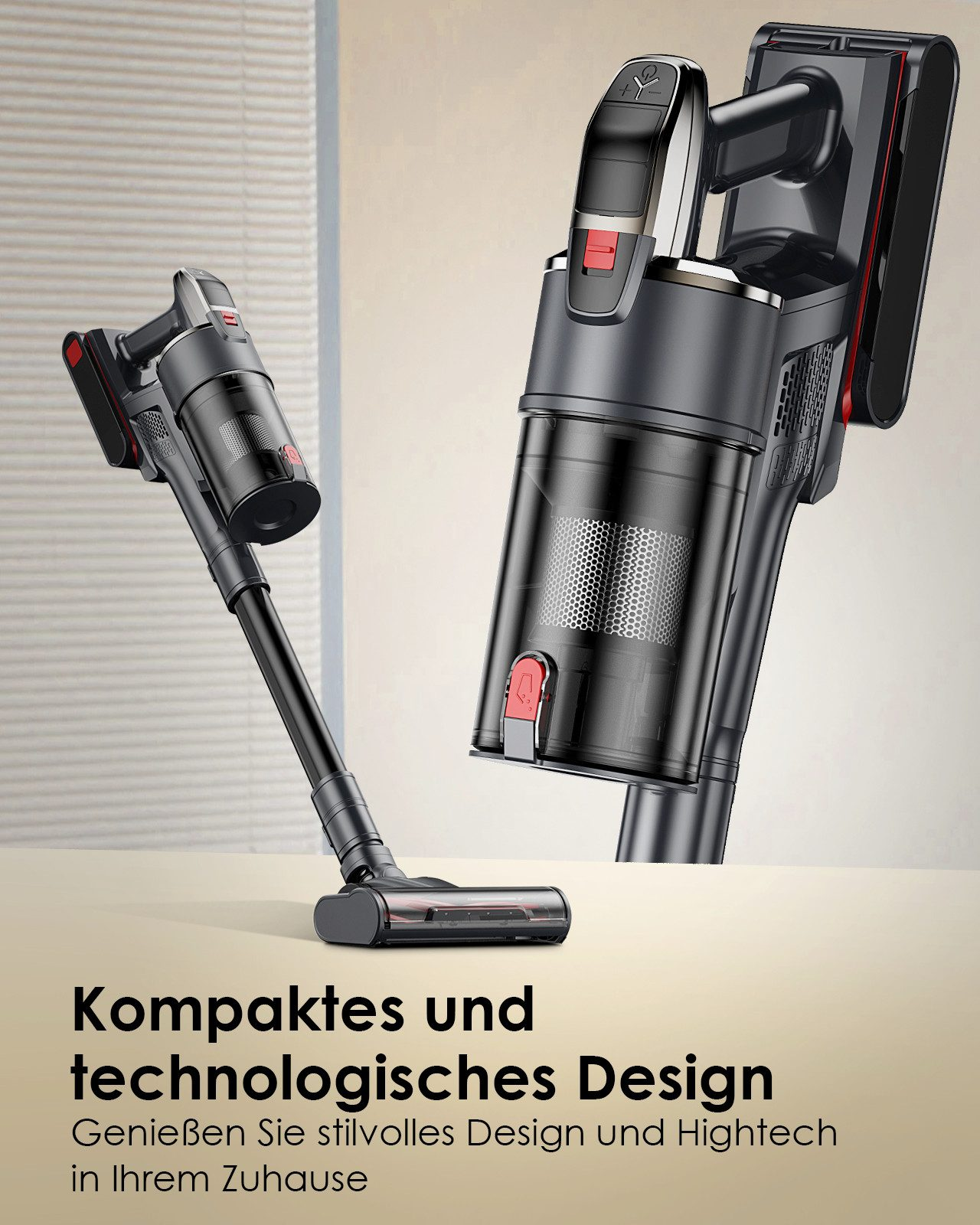 Dwa odkurzacze. Tekst: "Kompaktes und technologisches Design" i "Genießen Sie stilvolles Design".