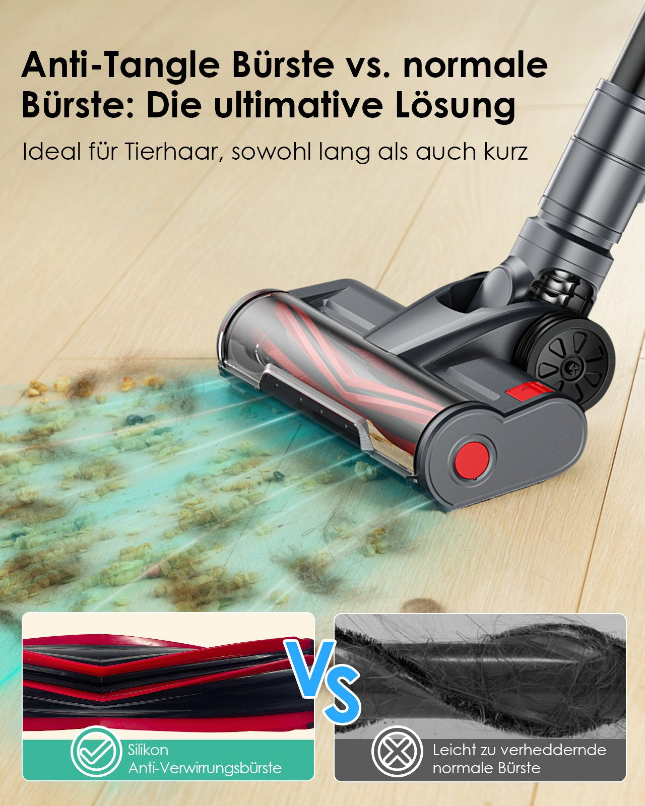 Głowica odkurzacza czyszcząca podłogę. Porównanie szczotki bezplączącej się vs. normalnej.