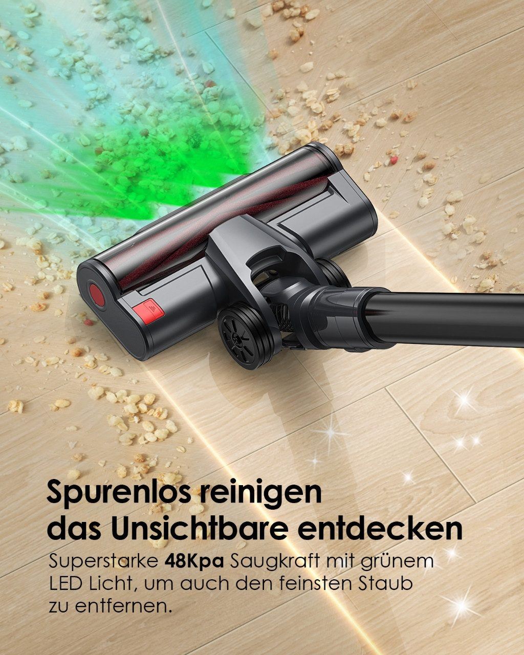 Odkurzacz czyszczący podłogę, zielone światło, cząsteczki kurzu.