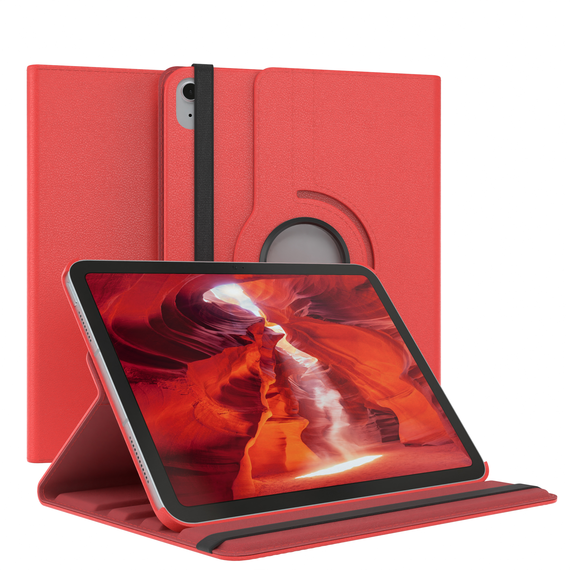 Rotes Tablet in einer roten Hülle, geöffnet. Tablet zeigt ein Canyon-Bild. Eine andere Hülle ist dahinter.
