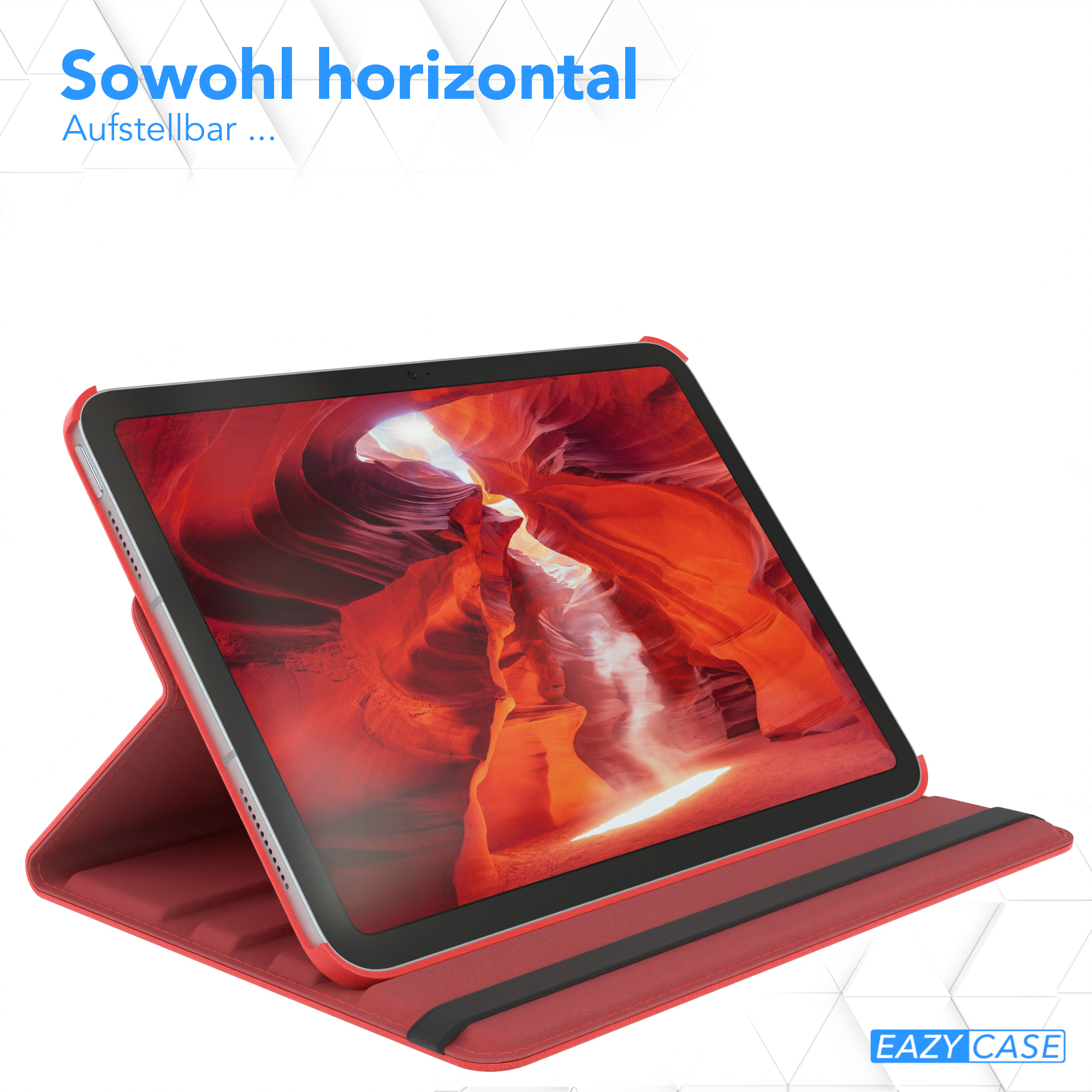 Ein Tablet in roter Hülle, auf einem Ständer angewinkelt. Text: EAZY CASE.