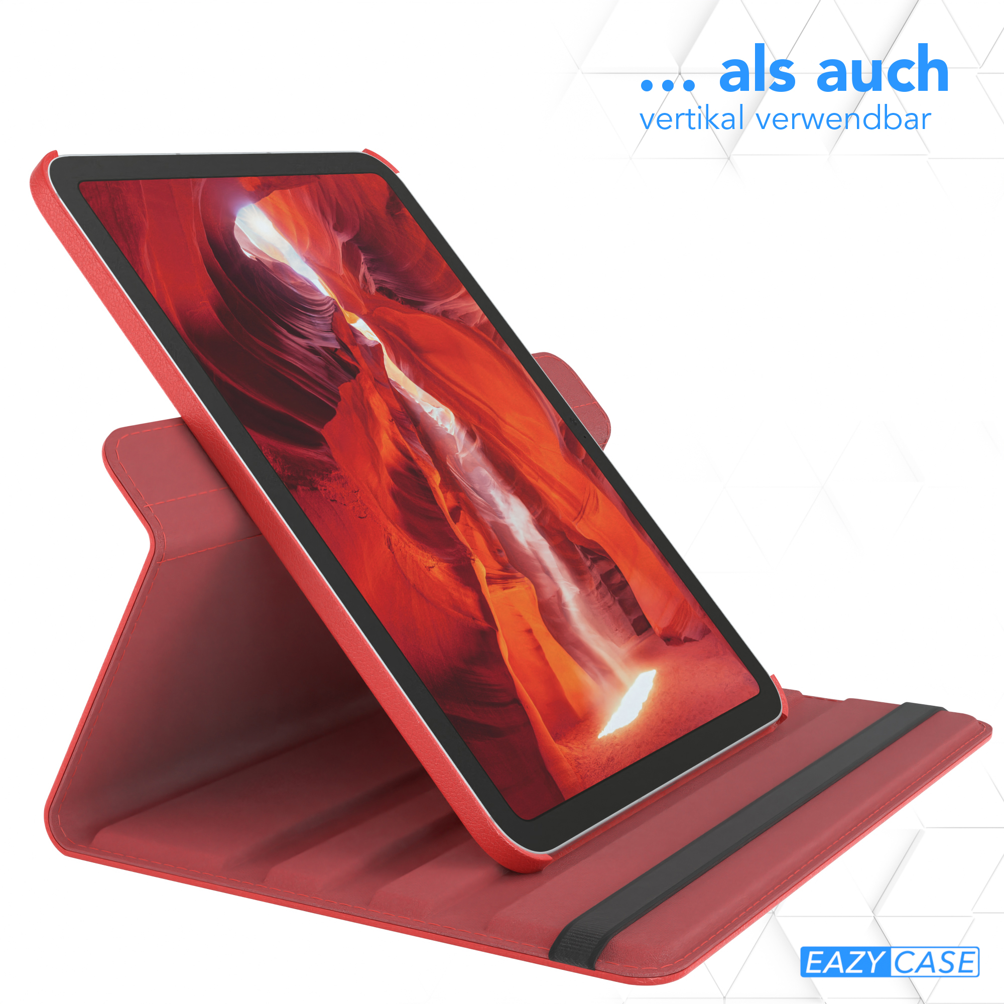 Ein rotes iPad in einer roten Hülle ist aufgestellt. Text: '... als auch vertikal verwendbar'.