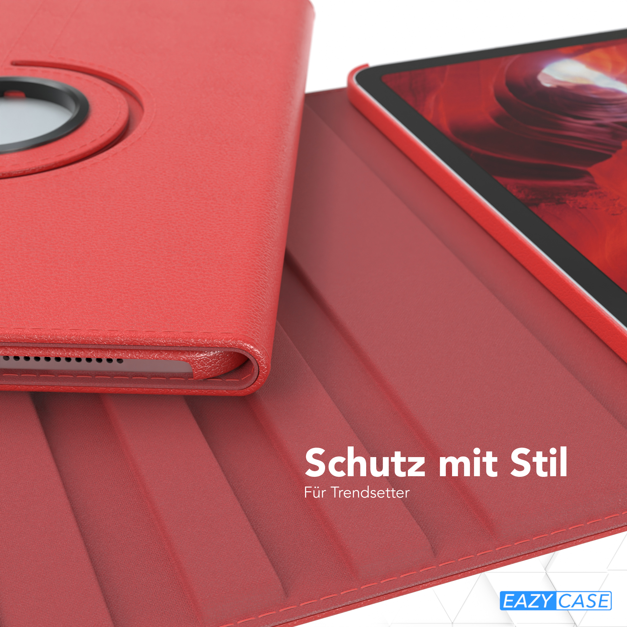 Rote Tablethülle mit Tablet, das das Design der Hülle zeigt.