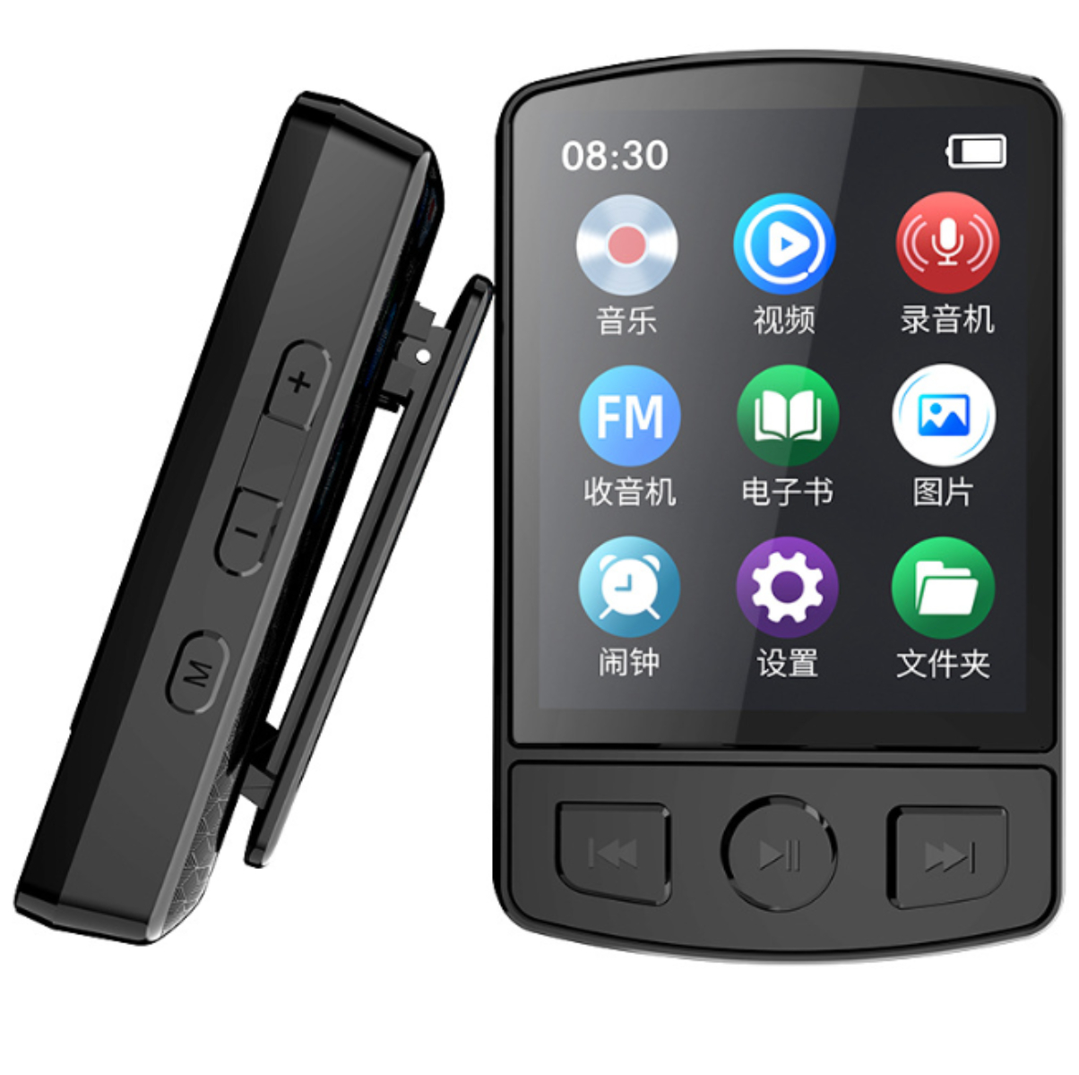 Schwarzer MP3-Player mit Clip. Bildschirm zeigt Symbole für Musik, Video und andere Funktionen.