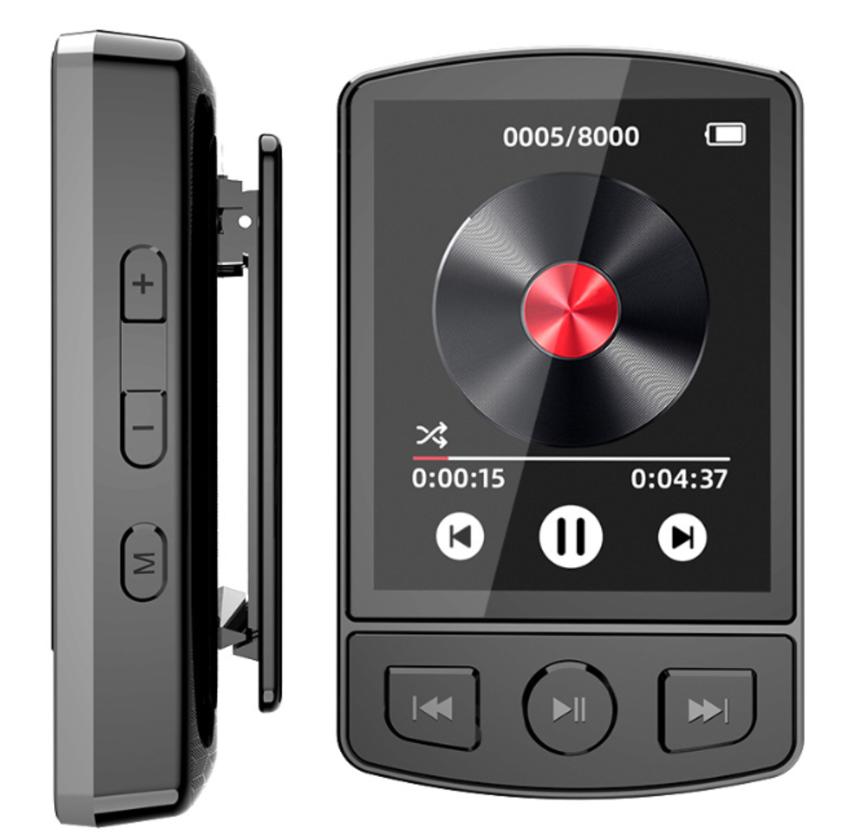 Ein schwarzer MP3-Player mit Bildschirm und Knöpfen, mit einem Clip an der Seite, auf weißem Hintergrund.