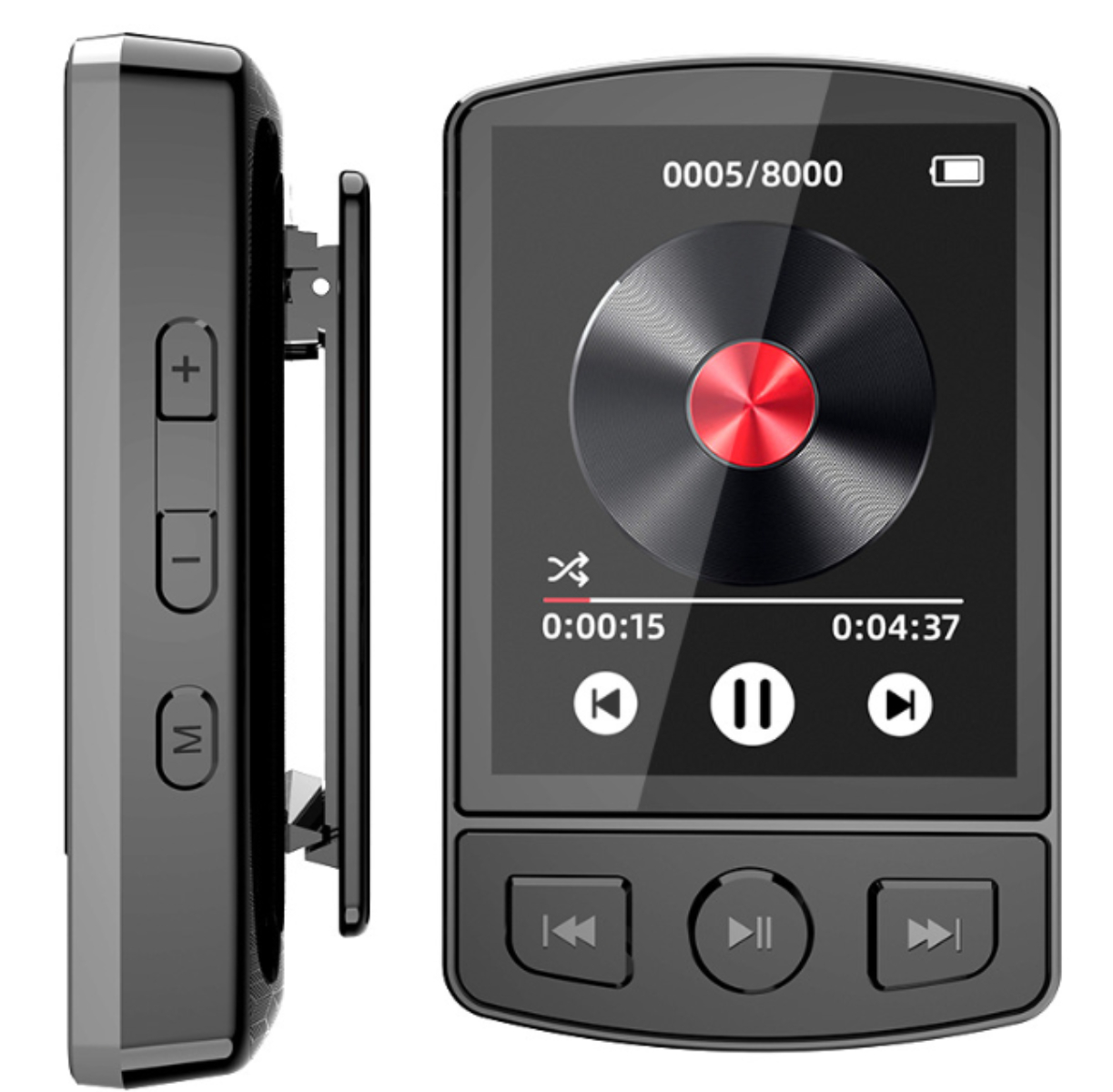 Schwarzer MP3-Player, Seiten- und Vorderansicht, mit Tasten und kreisförmiger Bildschirmanzeige.
