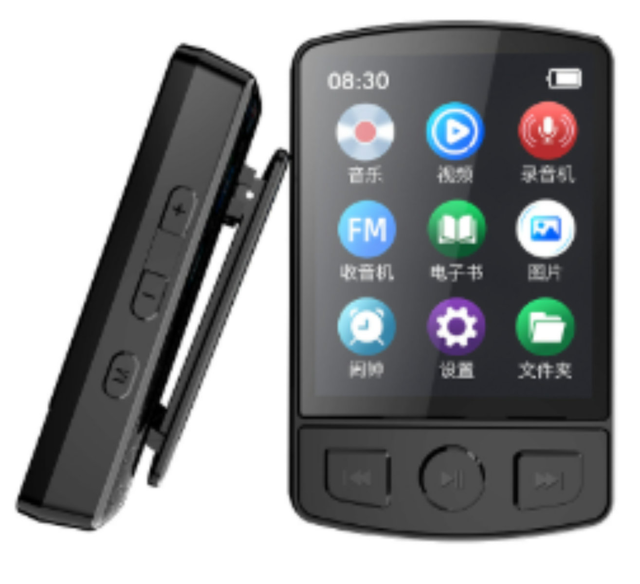 Ein schwarzer MP3-Player mit Display und Clip. Es zeigt Symbole und Uhrzeit.