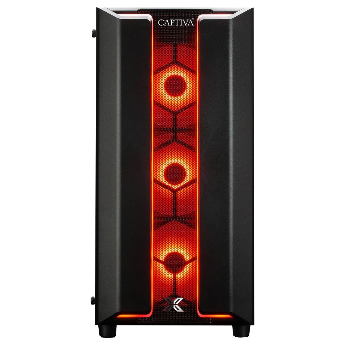 Case nero per computer con pannello frontale illuminato, con la parola CAPTIVA in alto.