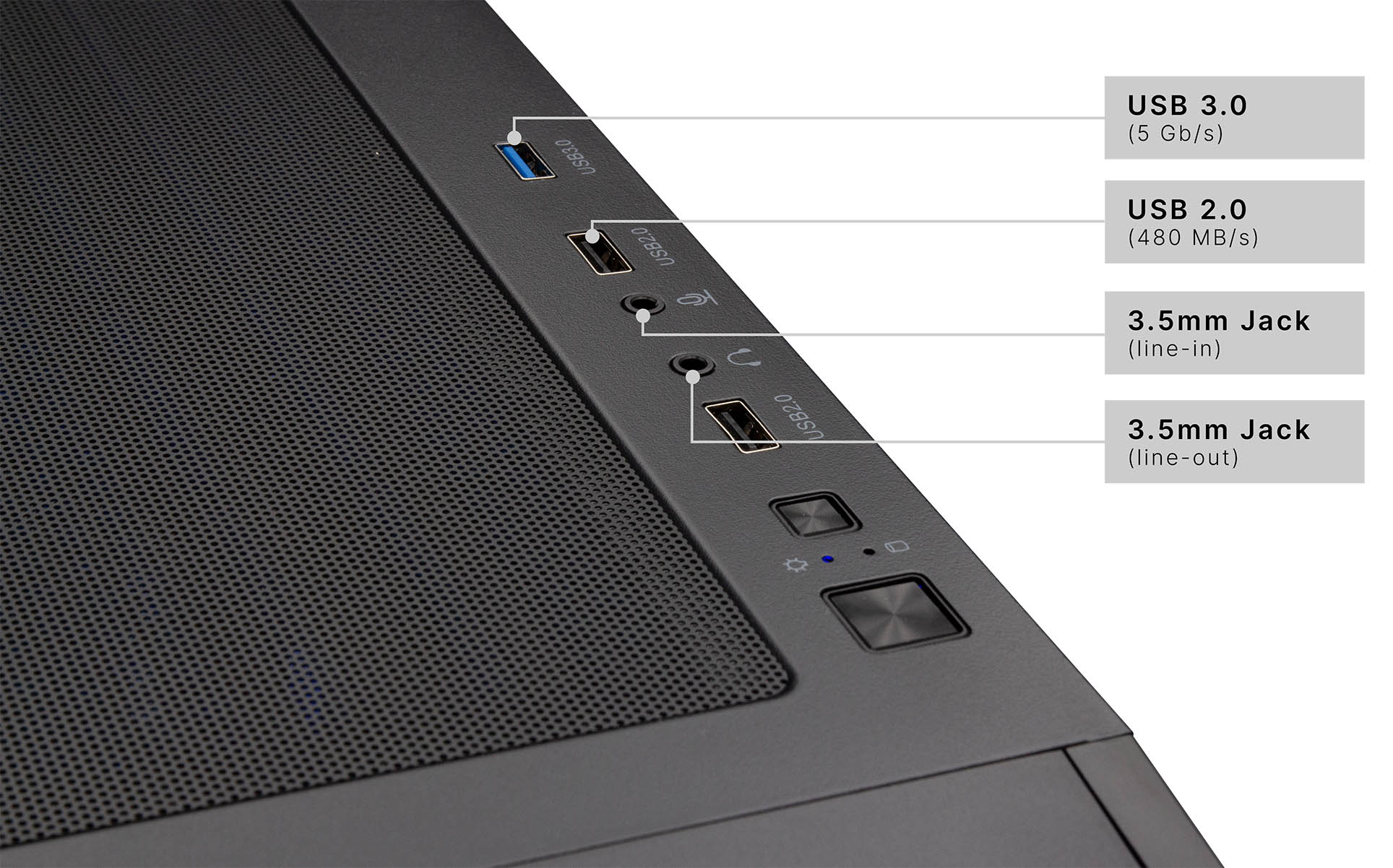 Primo piano delle porte su un case nero per computer. USB, jack da 3,5 mm e pulsanti di accensione visibili.