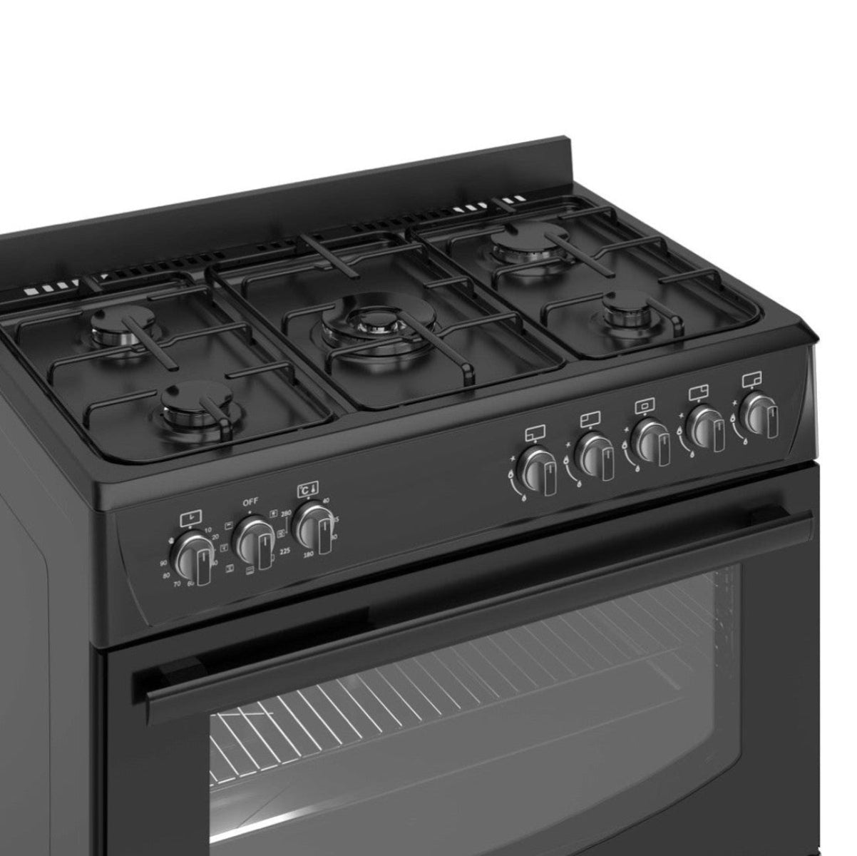 Zwart gasfornuis met 6 branders, een roestvrijstalen oven en bedieningsknoppen aan de voorkant.