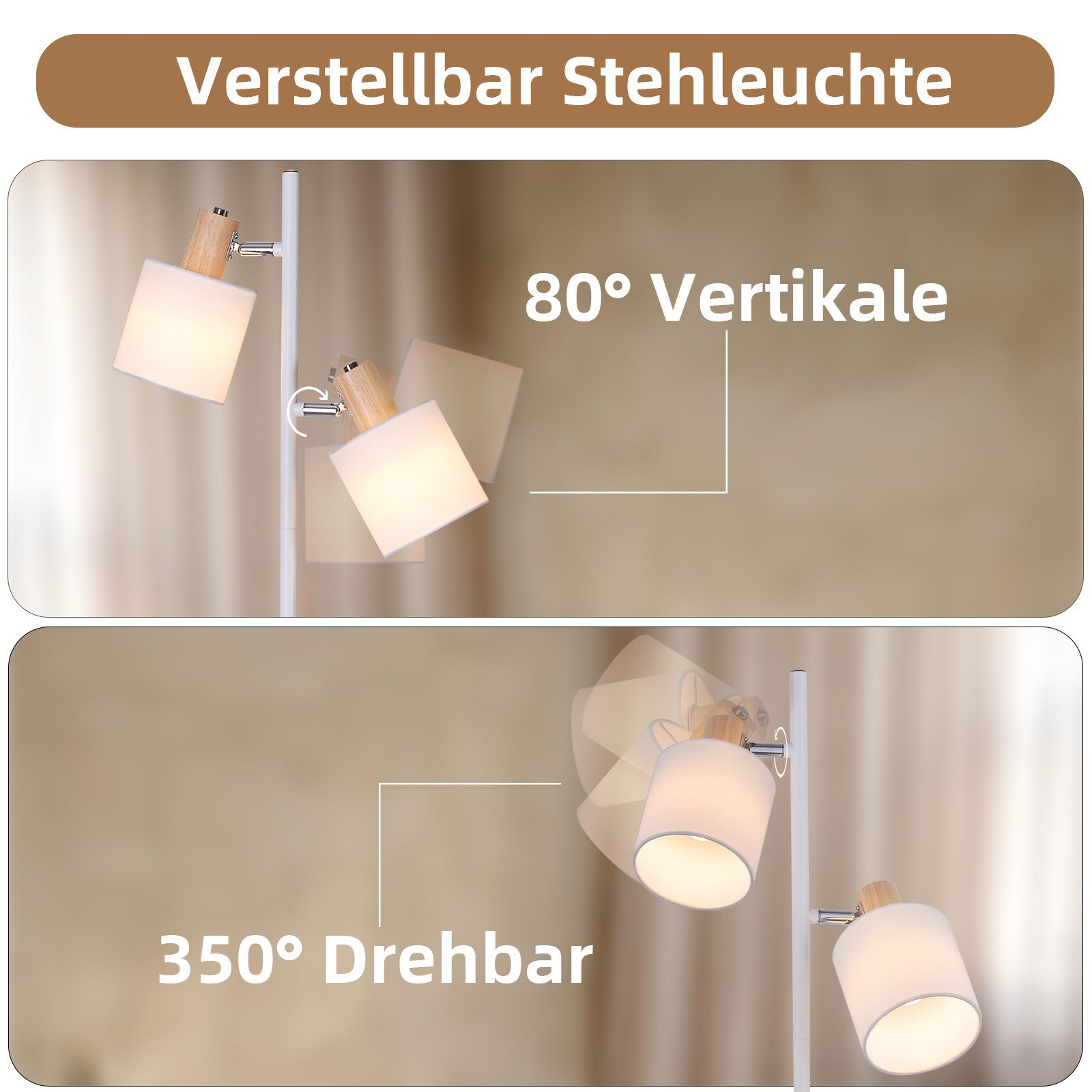 Eine weiße, verstellbare Stehlampe mit zwei Leuchtköpfen. Text erklärt 80° und 350° Drehung.