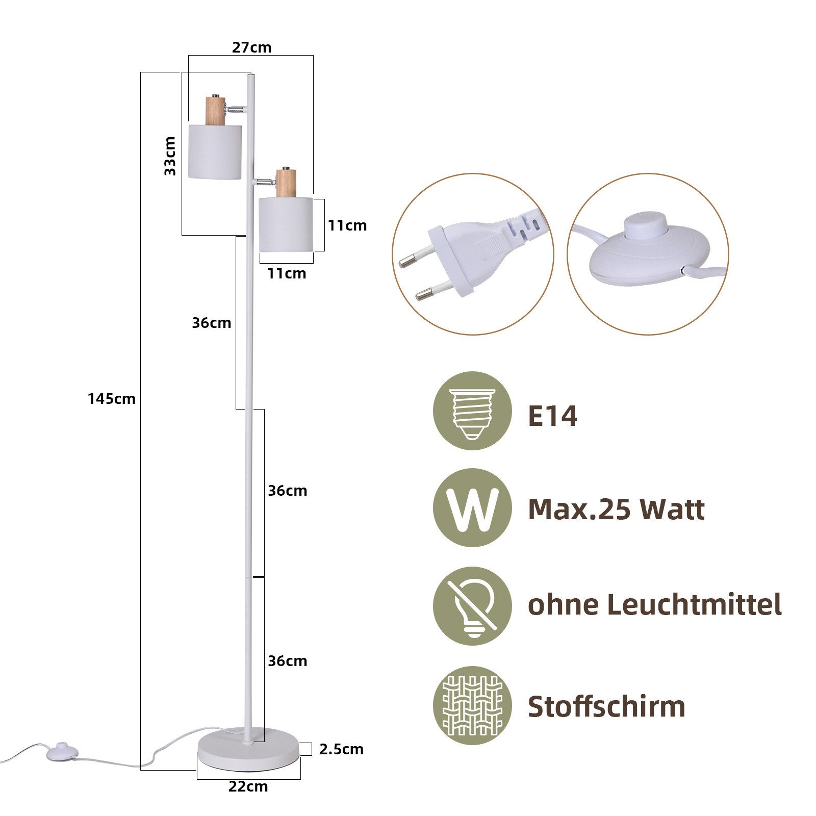 Stehlampe mit zwei Lampenschirmen. Abmessungen und Spezifikationen sind beschriftet.