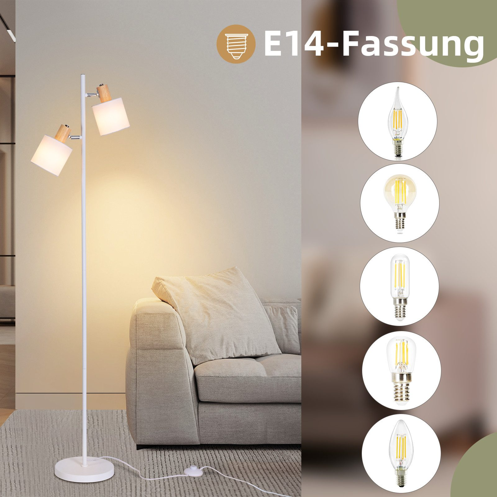 Stehlampe mit zwei quadratischen Leuchten, Holzakzenten und Glühbirnen neben einem Sofa.