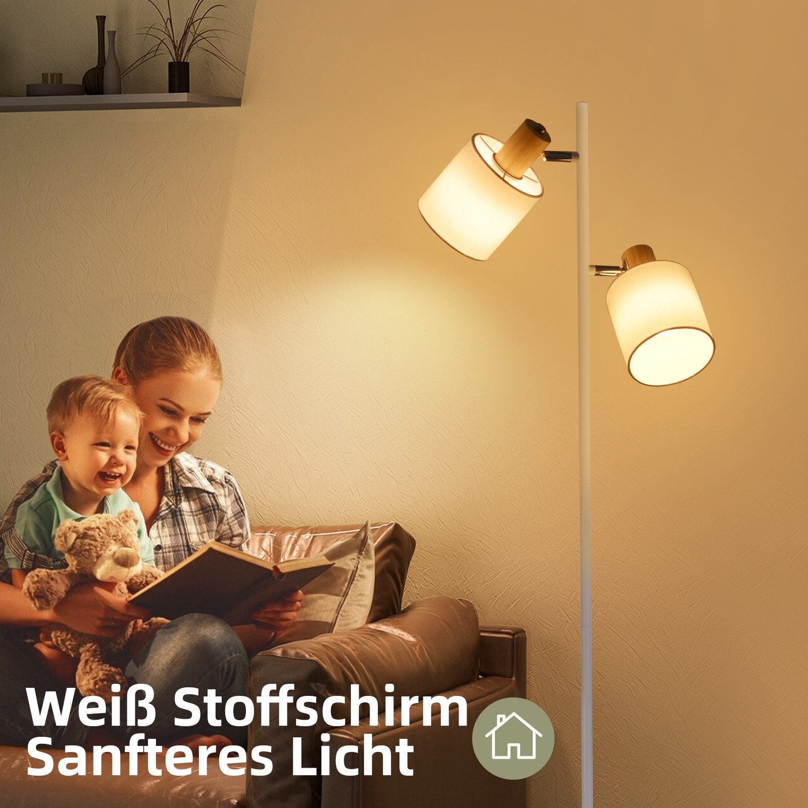 Eine Mutter und ein Kind lesen unter einer Stehlampe. Text auf Deutsch ist vorhanden.