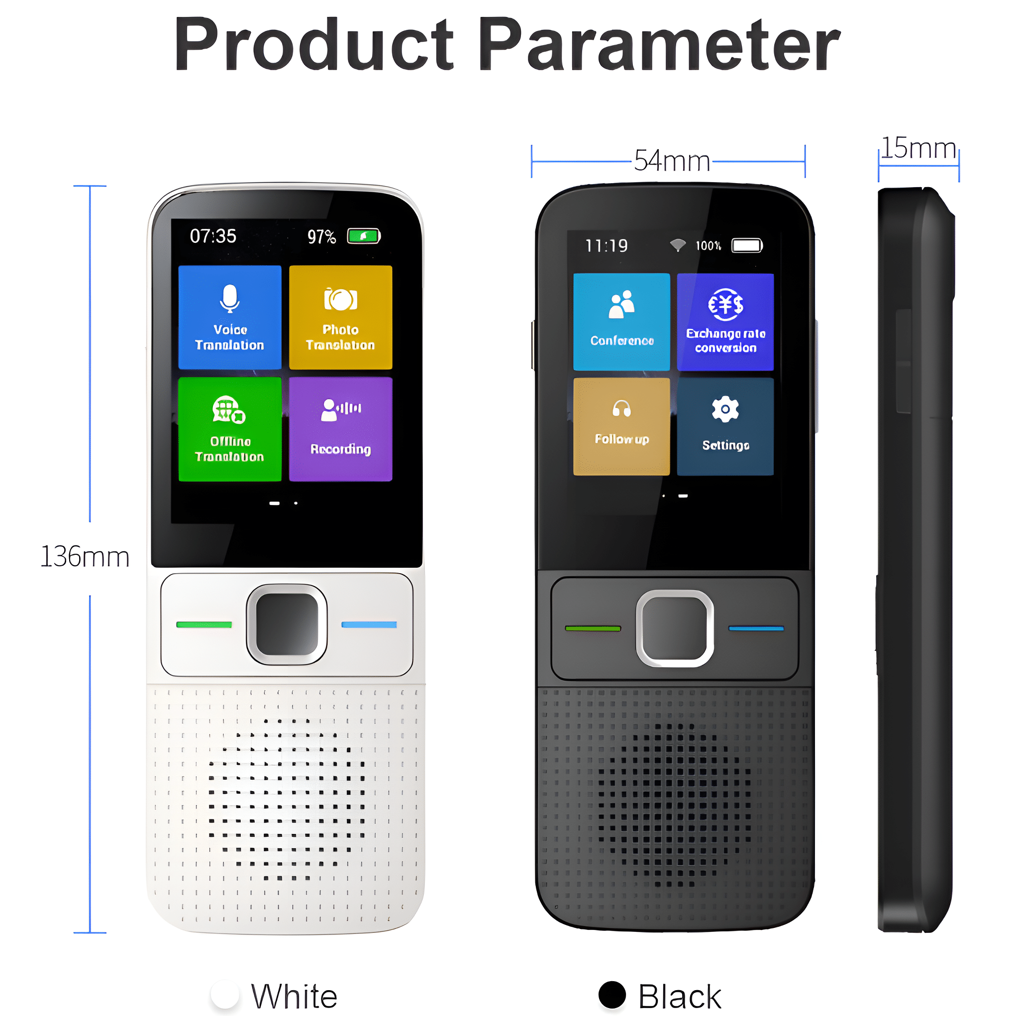 Produktparameterbild von zwei intelligenten Übersetzern, weiß und schwarz, mit Abmessungen.
