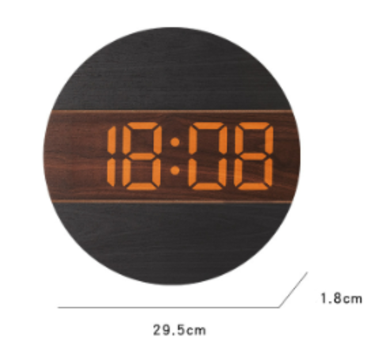 Runde Holzuhr mit digitaler orangefarbener Anzeige, die 10:08 zeigt.