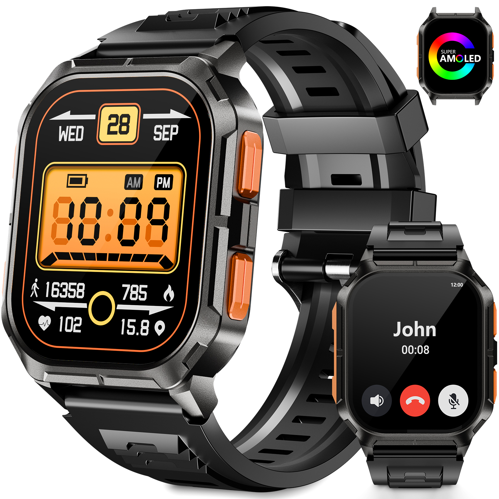 Eine schwarze Smartwatch mit orangefarbenem Display. Sie zeigt Zeit, Schritte, Herzfrequenz und andere Metriken.