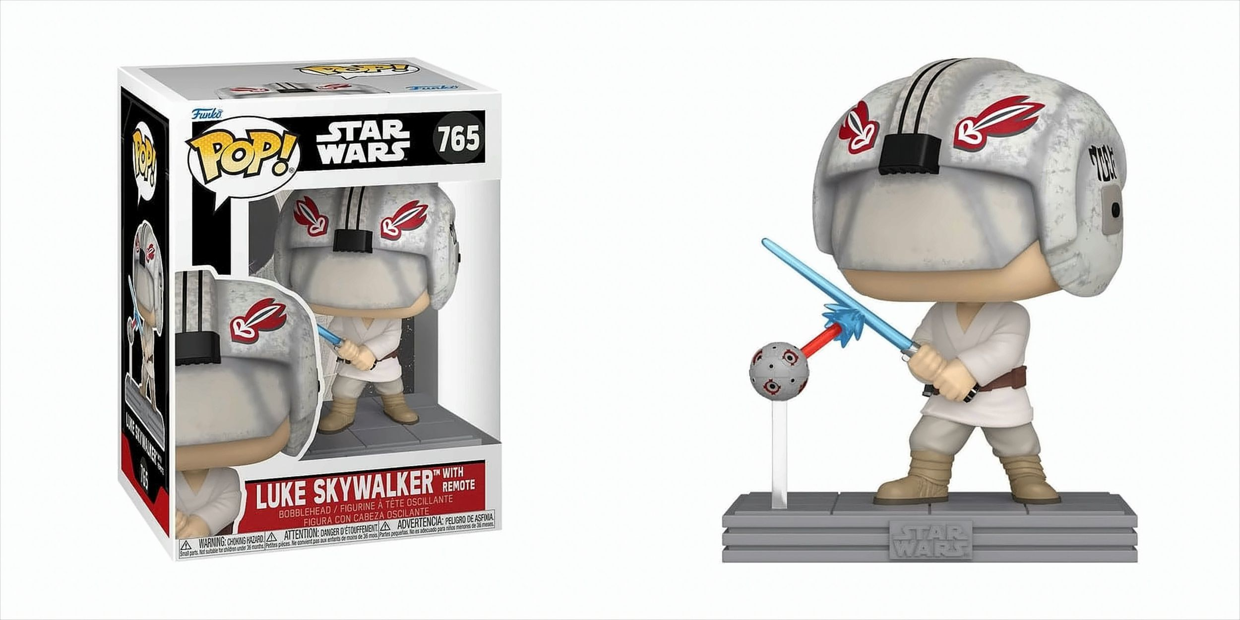 Eine Star Wars Luke Skywalker Figur mit Lichtschwert, in einer Box und als Figur.