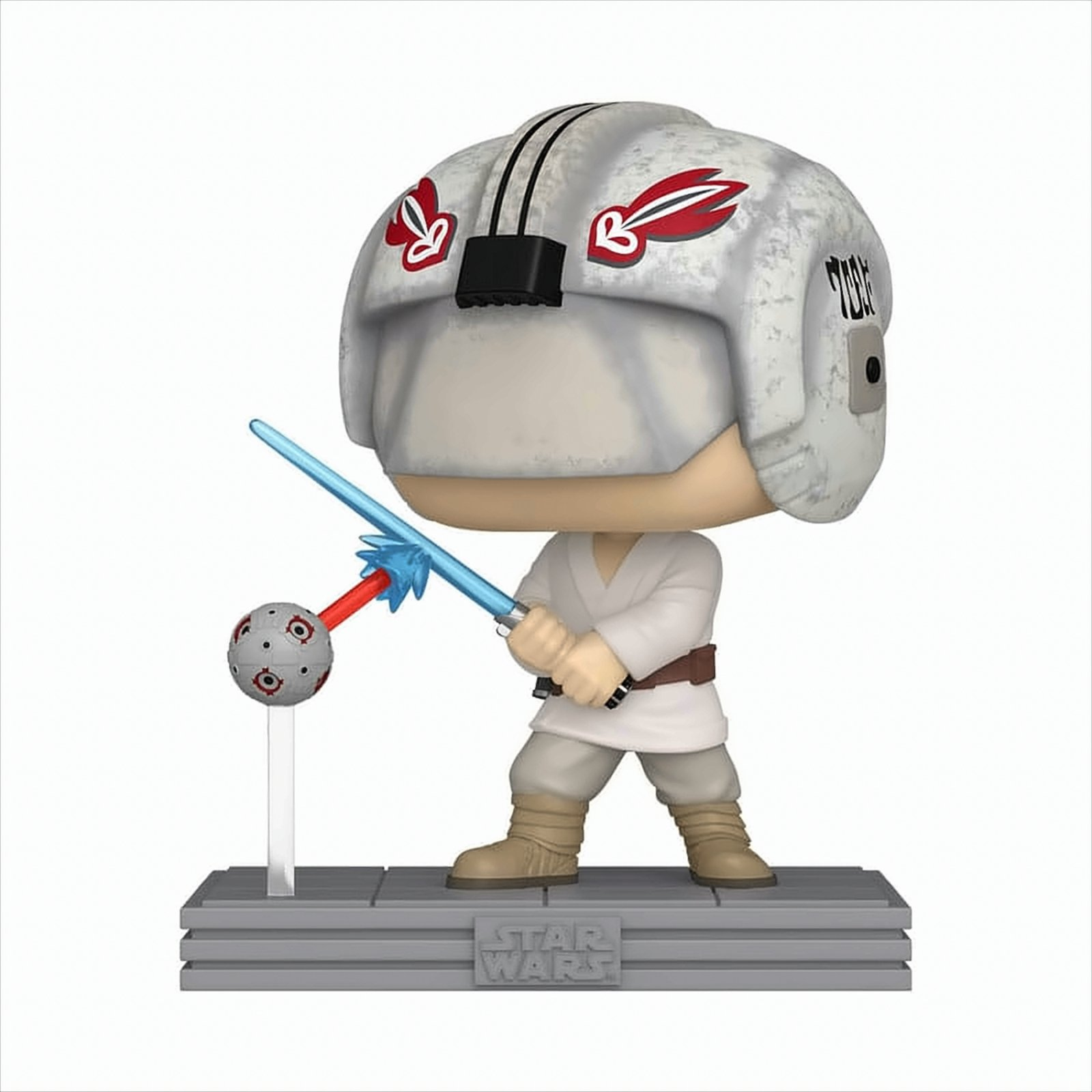 Eine Star Wars-Figur mit Helm, die ein blaues Lichtschwert und einen grauen Ball hält. Die Basis sagt "Star Wars".