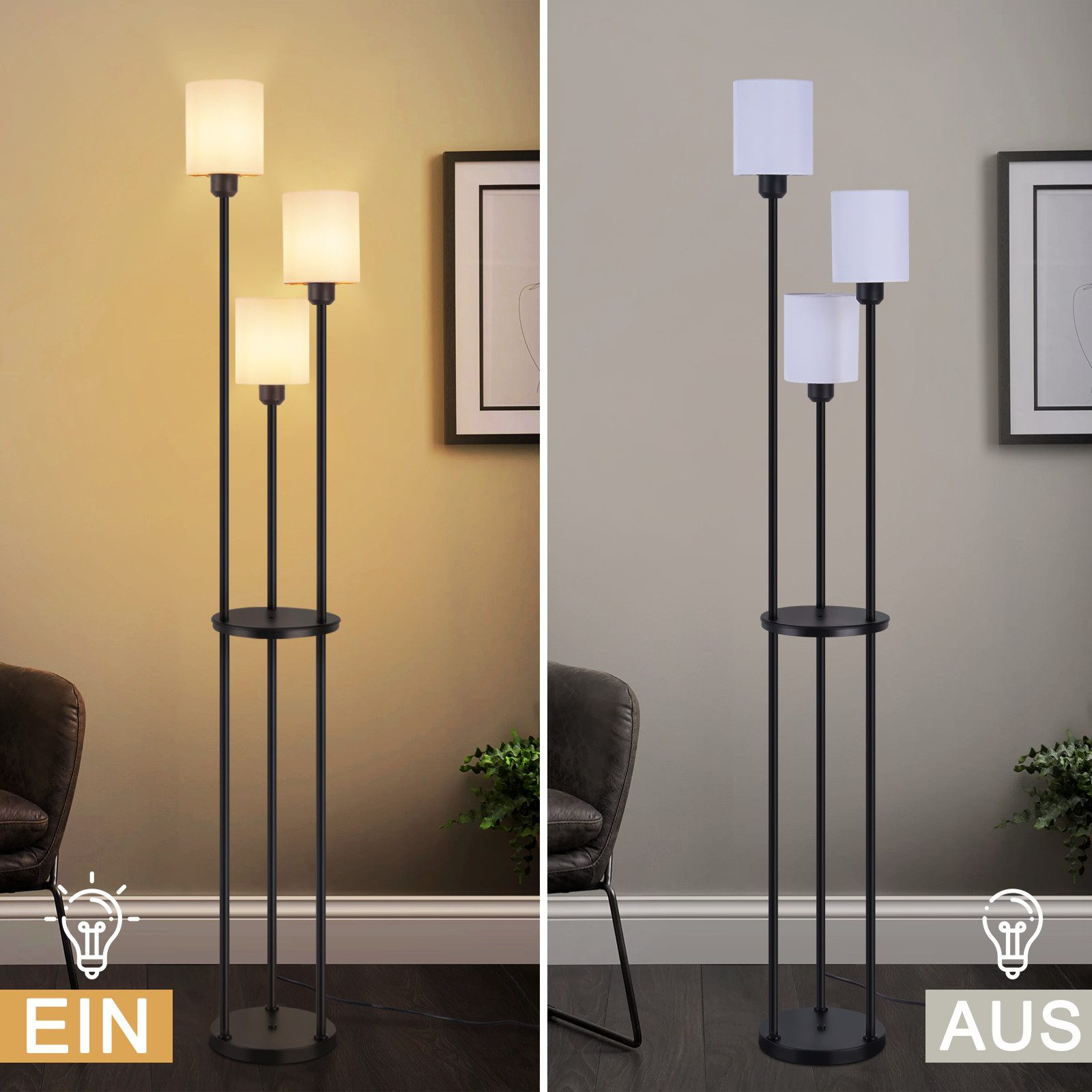 Para lamp podłogowych, jedna włączona, druga wyłączona, z białymi kloszami i czarnymi stojakami.